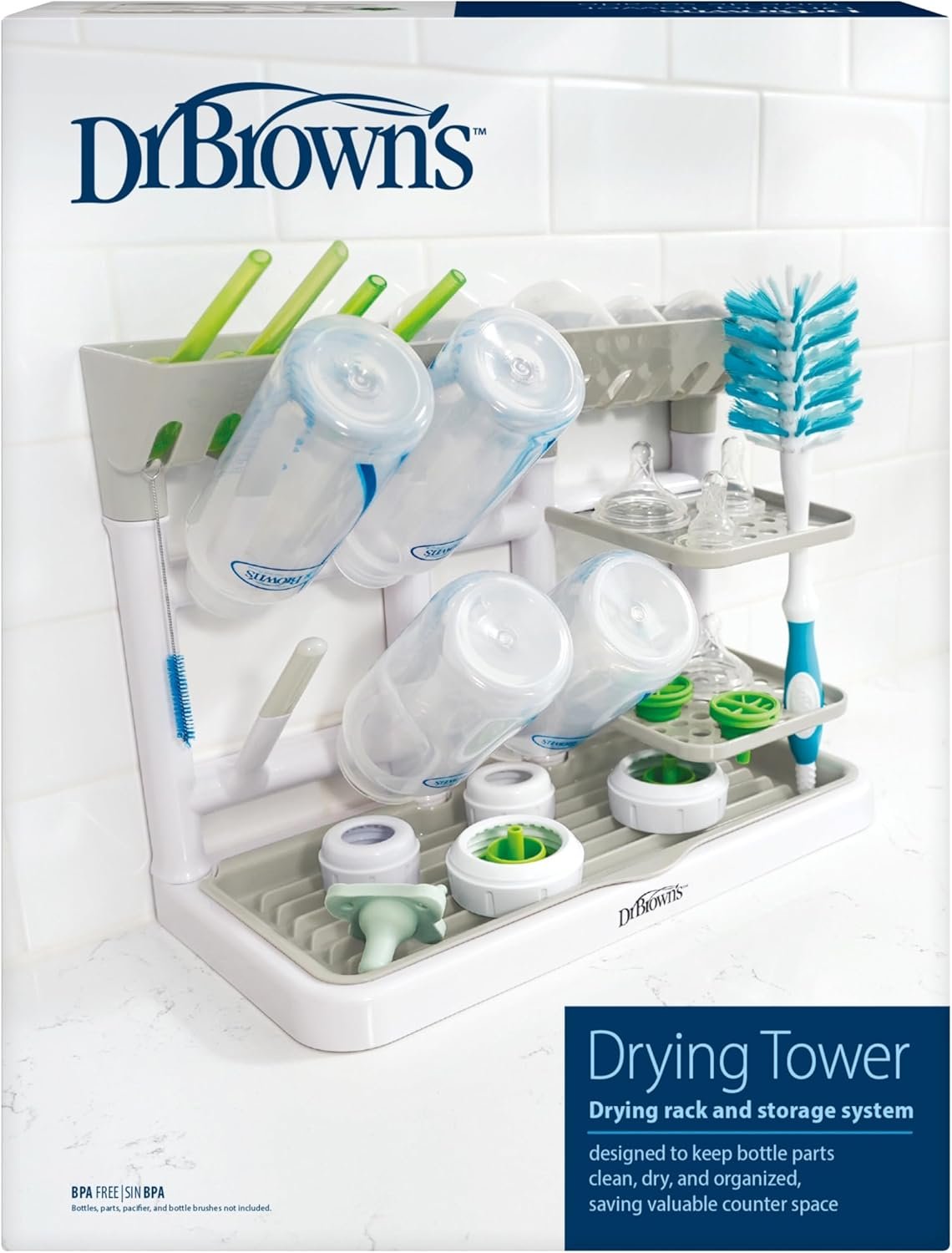 Dr. Brown’s Drying Tower, Stand-Up Drying Rack, Countertop Baby Bottle Drying with Organized Storage for Baby Essentials, Space Saving Vertical Rack, Gray/White