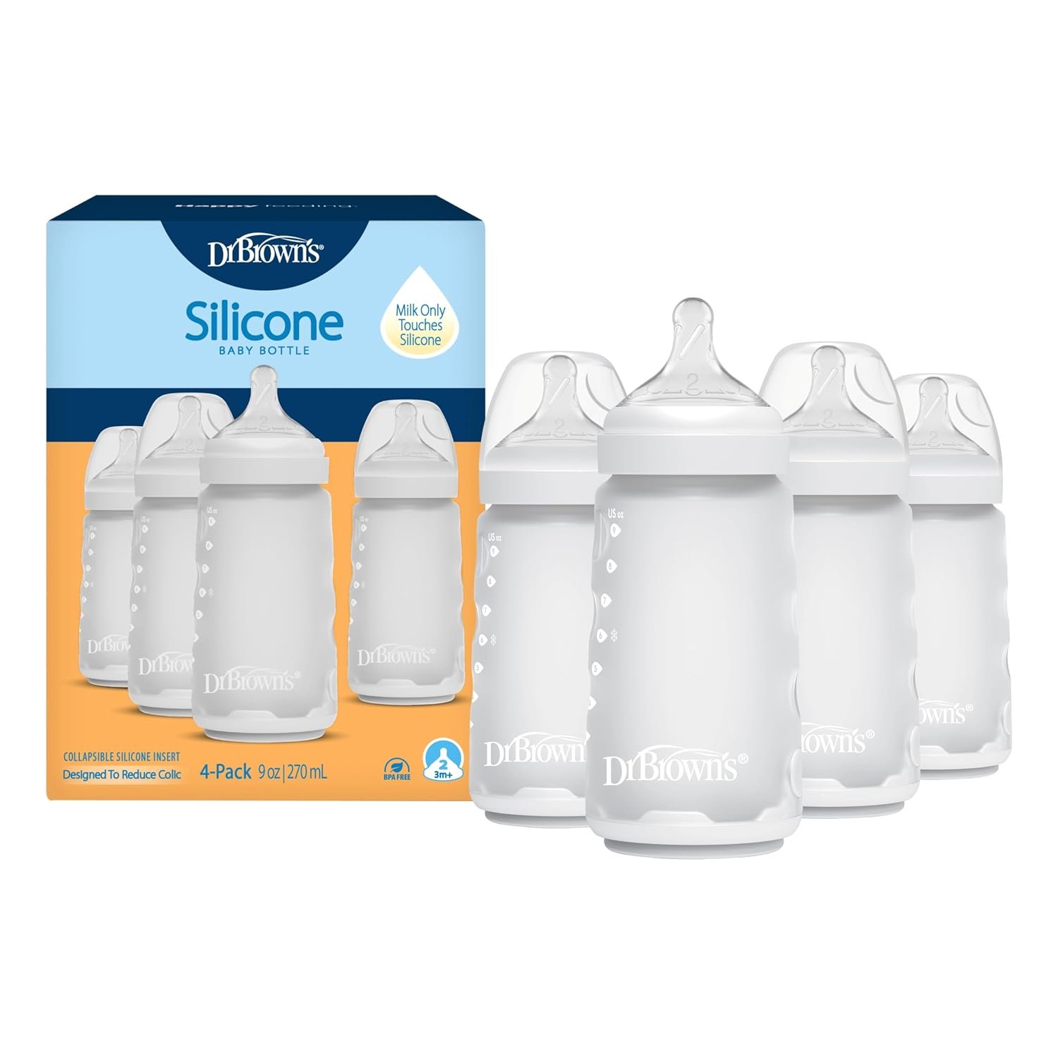 Dr. Brown’s Silicone Baby Bottle with Collapsible Insert Designed to Reduce Colic, 9 oz with Wide-Neck Level 2 Medium Flow Nipple, BPA-Free, 3m+, White, 4-Pack