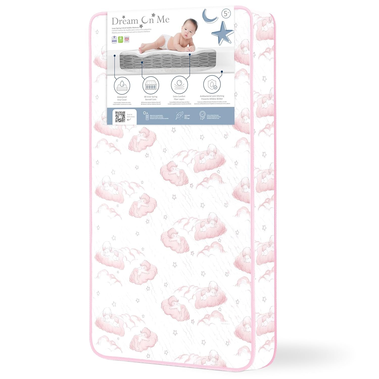 Dream On Me Twilight 80 Coil Spring Crib and Toddler Bed Mattress, Wave Pink, 5″