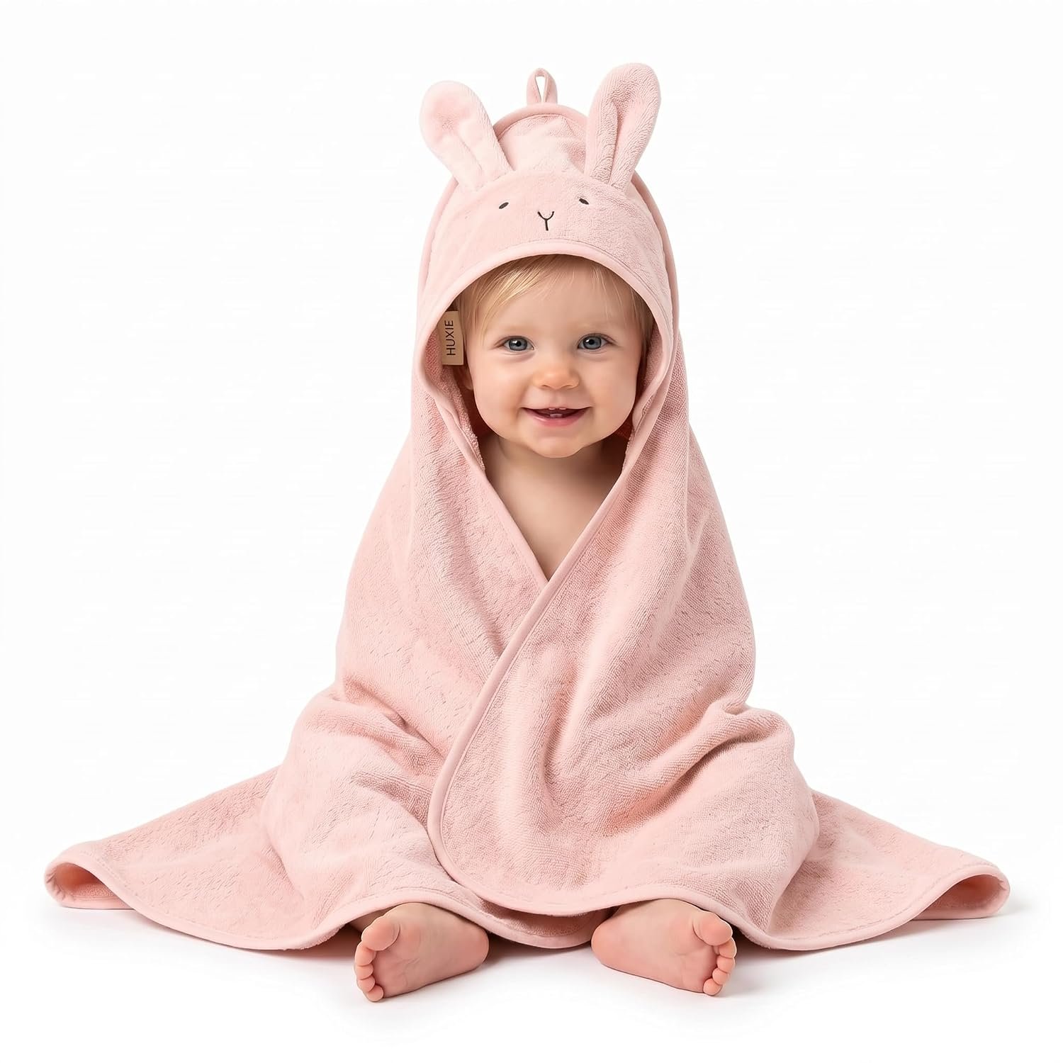 Hooded Baby Towel – 100% Organic Cotton Baby Bath Towels – Baby Girl Newborn Essentials – Super-Soft and Absorbent. (Rabbit – Blush)