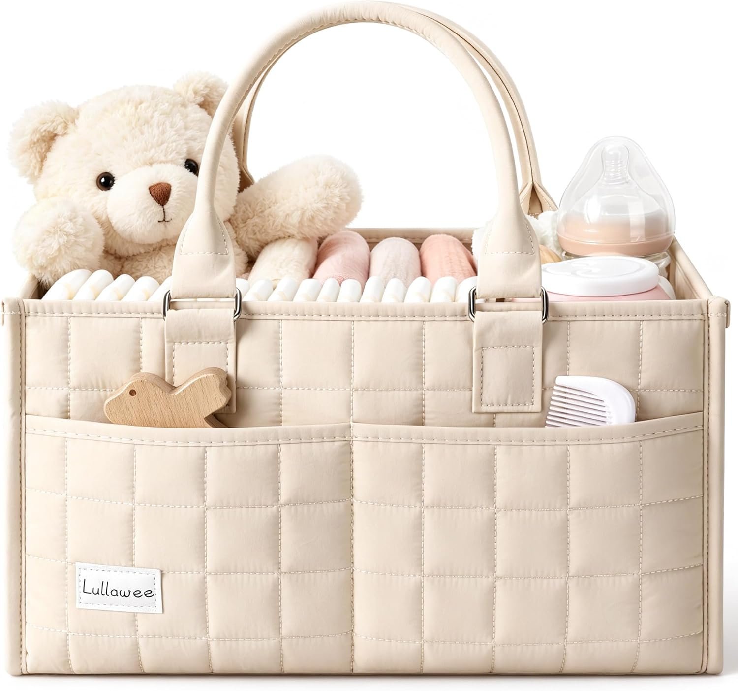 Baby Diaper Caddy Organizer, Portable Nursery Storage Basket with Handle for Newborn Boy or Girl, Gift for Baby Shower Essentials, Registry Must Have Bag, Caddie Car Organizer, Beige