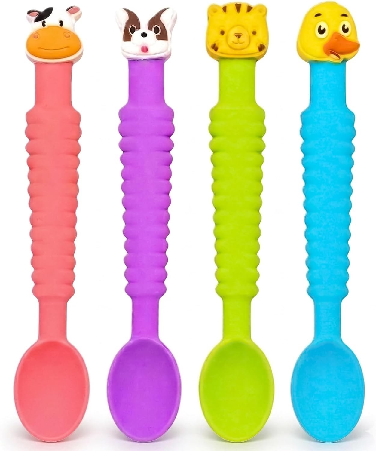 3-in-1 Silicone Baby Spoon Self Feeding 6+ Months – Pediatric OT Designed Teether Spoon, BPA Free Infant Toddler Utensils, Mess-Free, Fun for Baby Led Weaning Supplies – 4 Pack