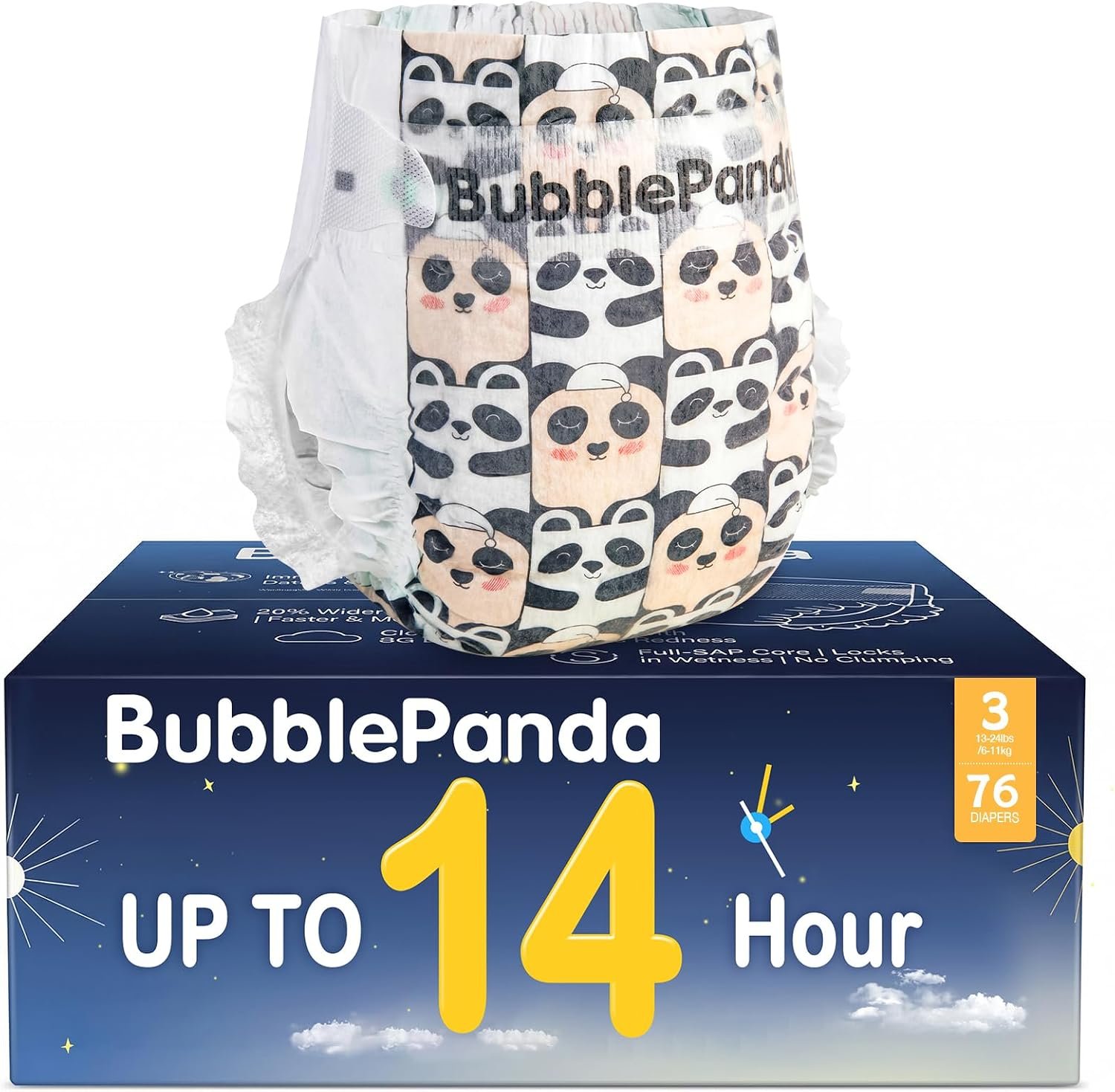 BubblePanda Overnight Diapers, Baby Diapers Nighttime Protection with Dual Absorbent Core, Wider Absorbent Zone, Leak Proof & Soft Surface, Disposable(Size 3, Count 76)