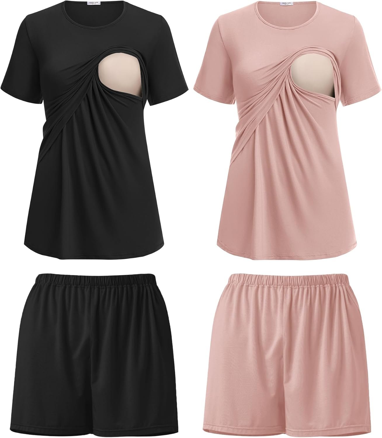 Ekouaer 2 Pack Women’s Nursing Pajamas Set Double Layer Maternity Pjs Postpartum Loungewear Set Breastfeeding Tops & Shorts