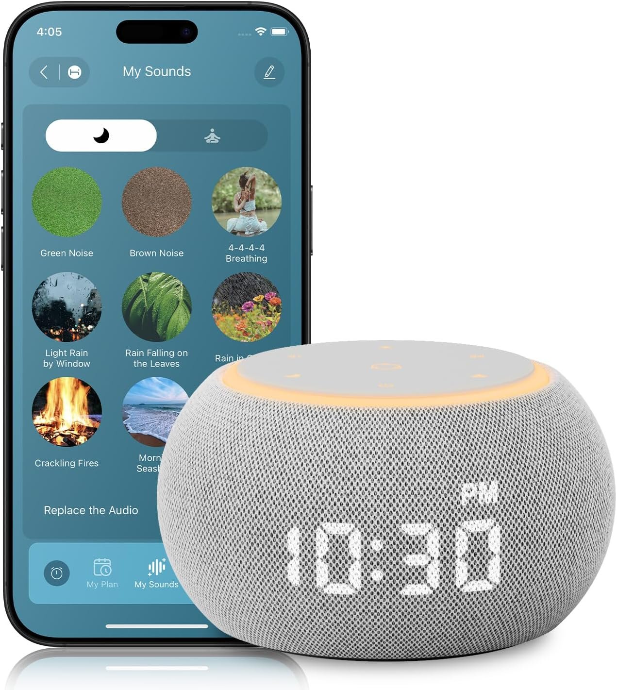 Santebee Sound Machine for Sleep Smart White Noise Machine for Adults Night Light, Luna Pro 507 Soothing Sounds, Dual-stage Alarm&Snooze, Custom Buttons, App Control Dimmable Clock Timer for Baby Kids