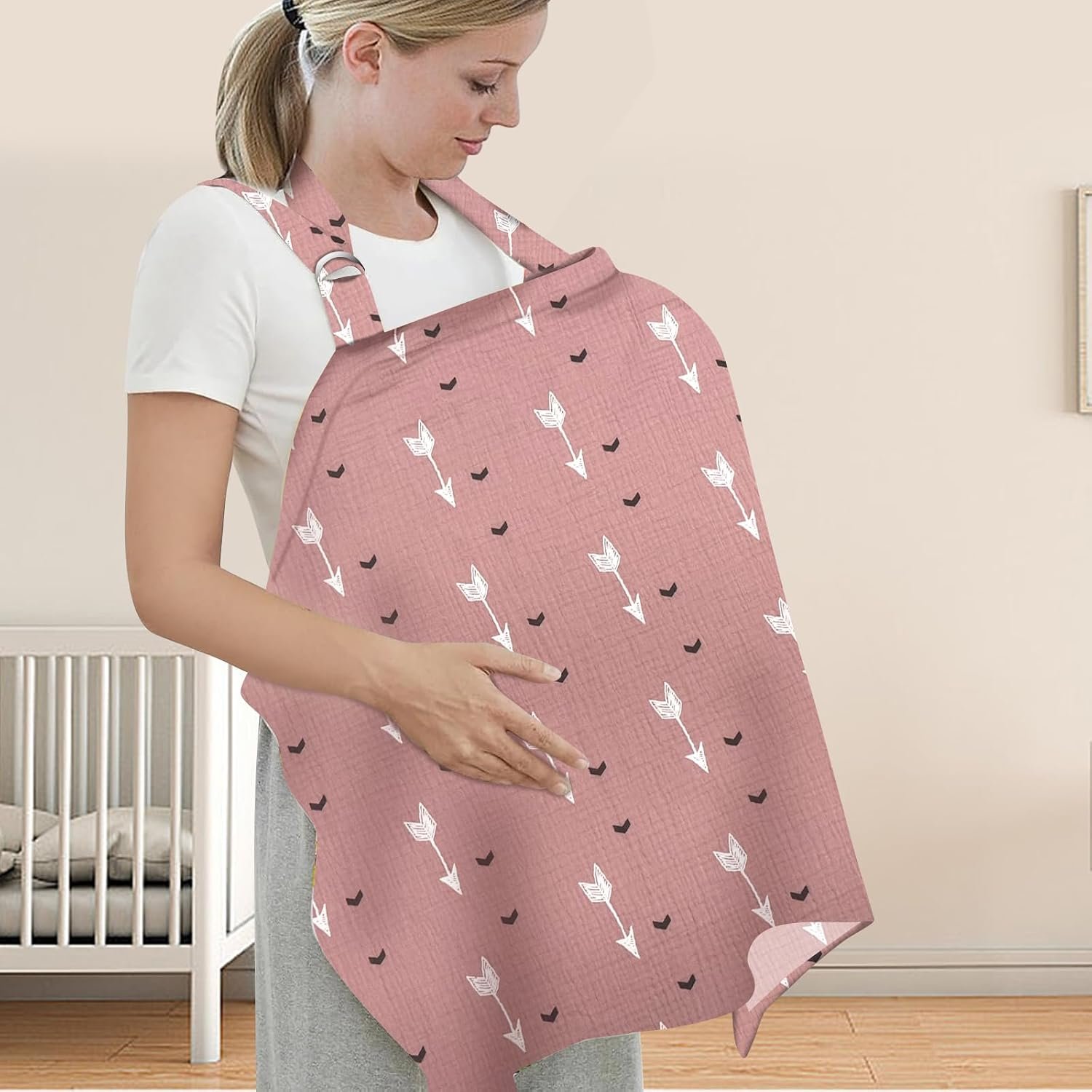 Nursing Cover for Mom Breastfeeding, Baby Privacy Nursing Covers Up Breathable Cotton with Ajustable Hoop for Mother (Pink)