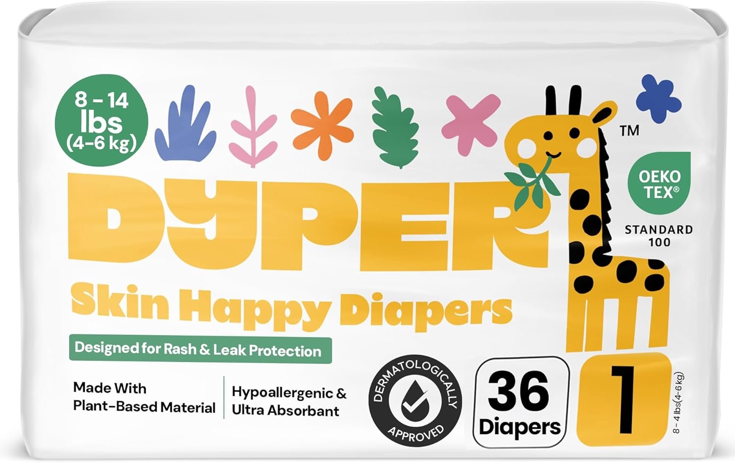 DYPER – Baby Diapers Size 1 (36 Count) – Plant Based Disposable Diapers for Day and Overnight Premium Leak Protection, Skin-Friendly Comfort with Soft Size 1 Diapers (8-14 lbs)