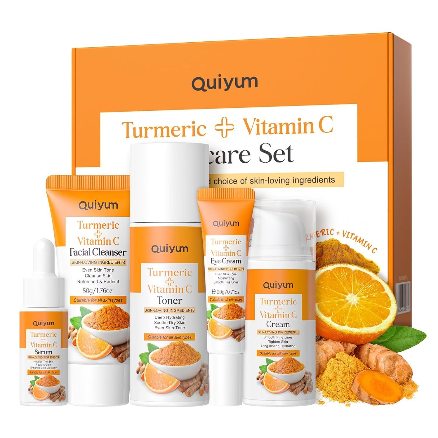 QUIYUM Turmeric Vitamin C Skin Care Set, 5PCS Beauty Routine for Women | Dark Spot Remover for Face, Reduce Acne, Even Tone, Glow, Valentine’s Day Birthday Gift, Skincare Products
