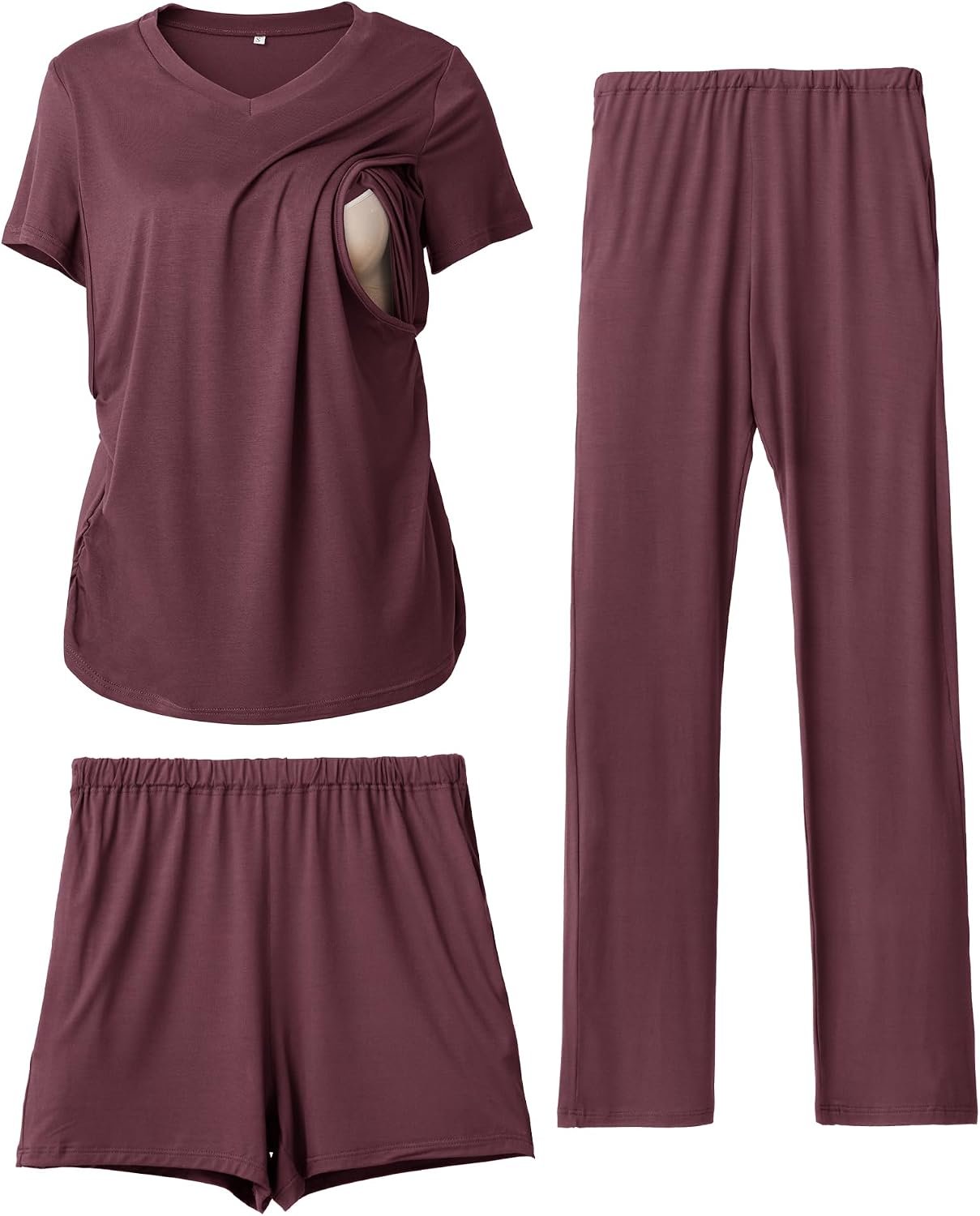 Rnxrbb 3 Piece Women’s Maternity Nursing Pajamas Set V Neck Breastfeeding Pjs Sleepwear Postpartum Shorts&Pants Pockets