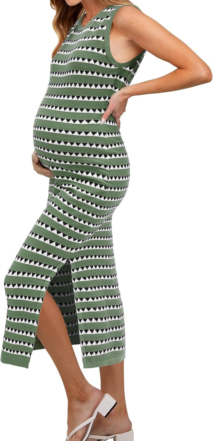 OUGES Women’s 2026 Summer Maternity Dress Knit Sleeveless Crewneck Midi Dress Side Slit Striped Bodycon Sweater Dress