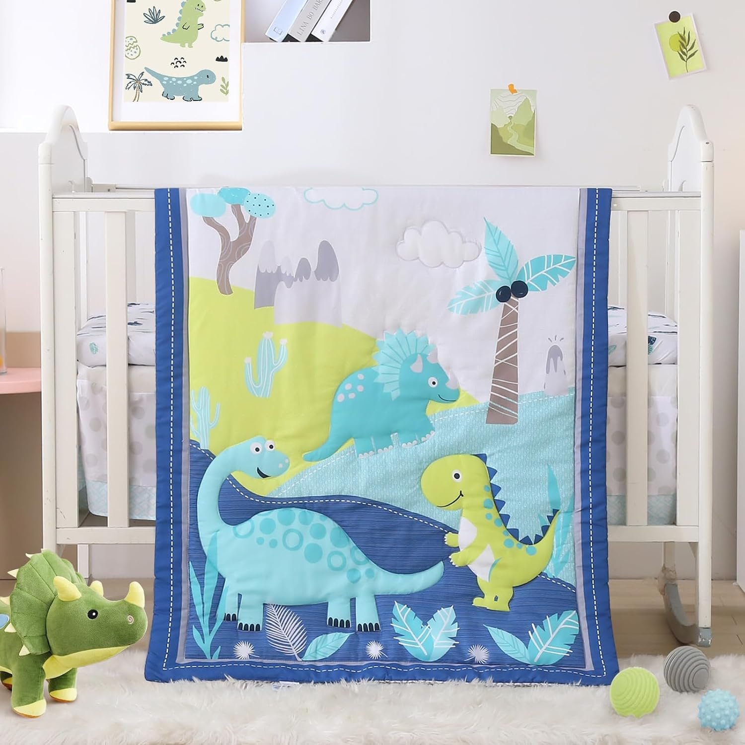 Dinosaur Mini Crib Bedding Set for Boys Blue Premium 3-Piece Baby Bedding Sheet Set Dinosaurs Nursery Crib Set Crib Comforter Set Breathable and Soft for Baby