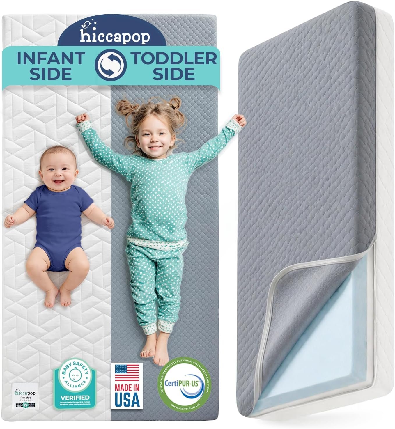 Hiccapop Baby Crib Mattress, Waterproof, Dual Sided Foam Baby Mattress, Firm Side for Babies, Soft Memory Foam Side for Toddlers, Made in USA
