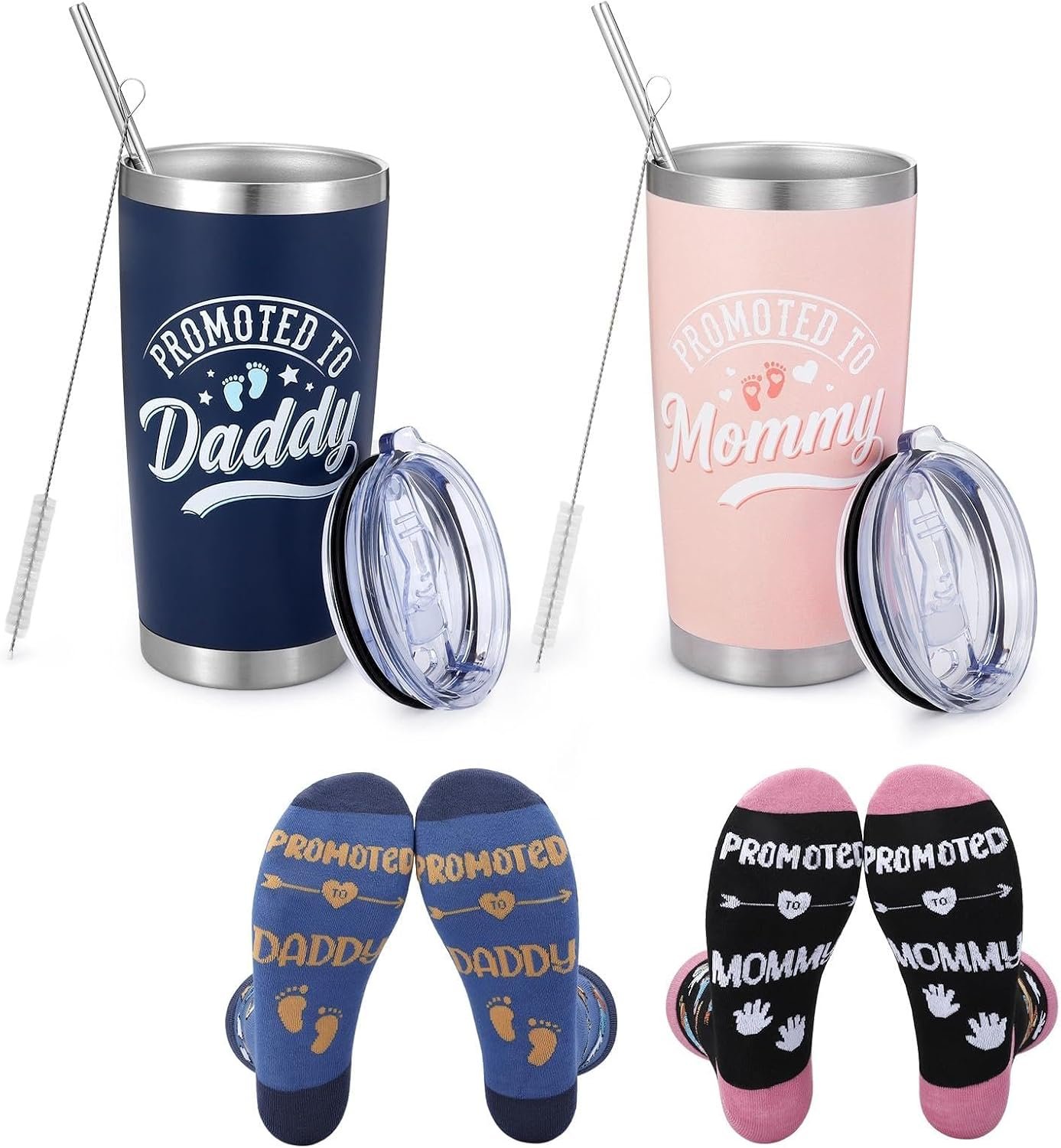 Pregnancy Gifts for New Parents, Mommy and Daddy 20 Oz Stainless Steel Tumbler Set with Socks, Parents Gift Set for Expecting Couples, Baby Shower