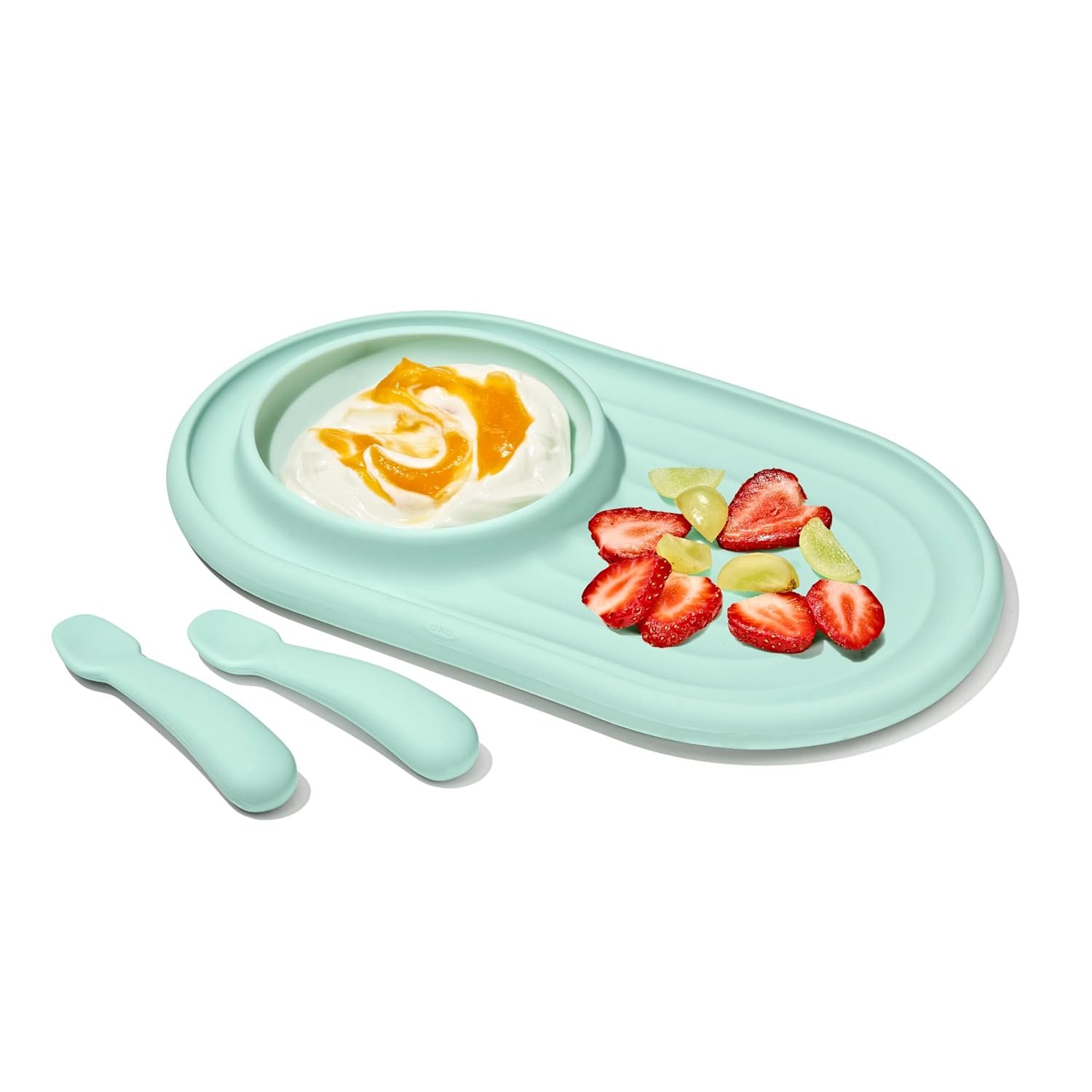 OXO Tot Textured Suction Plate & Spoons Set, Baby Led Weaning Supplies – Opal
