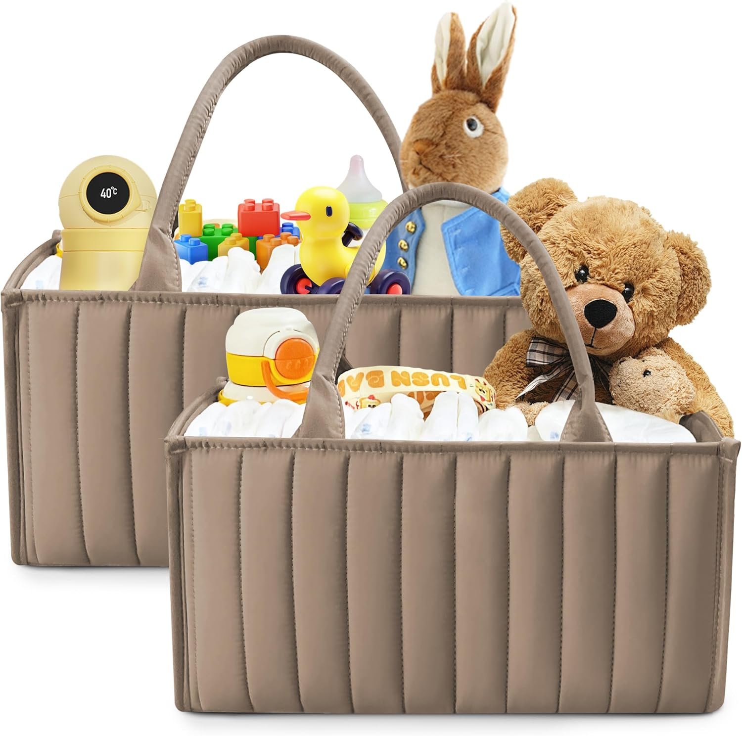 SWEET DOLPHIN 2-Pack Quilted Diaper Caddy Organizer – Premium Puffer Style Nursery Storage Bins – Water-Resistant & Wipeable Changing Table Organizer – Trendy Tote for Home & Car Travel – Mocha Brown