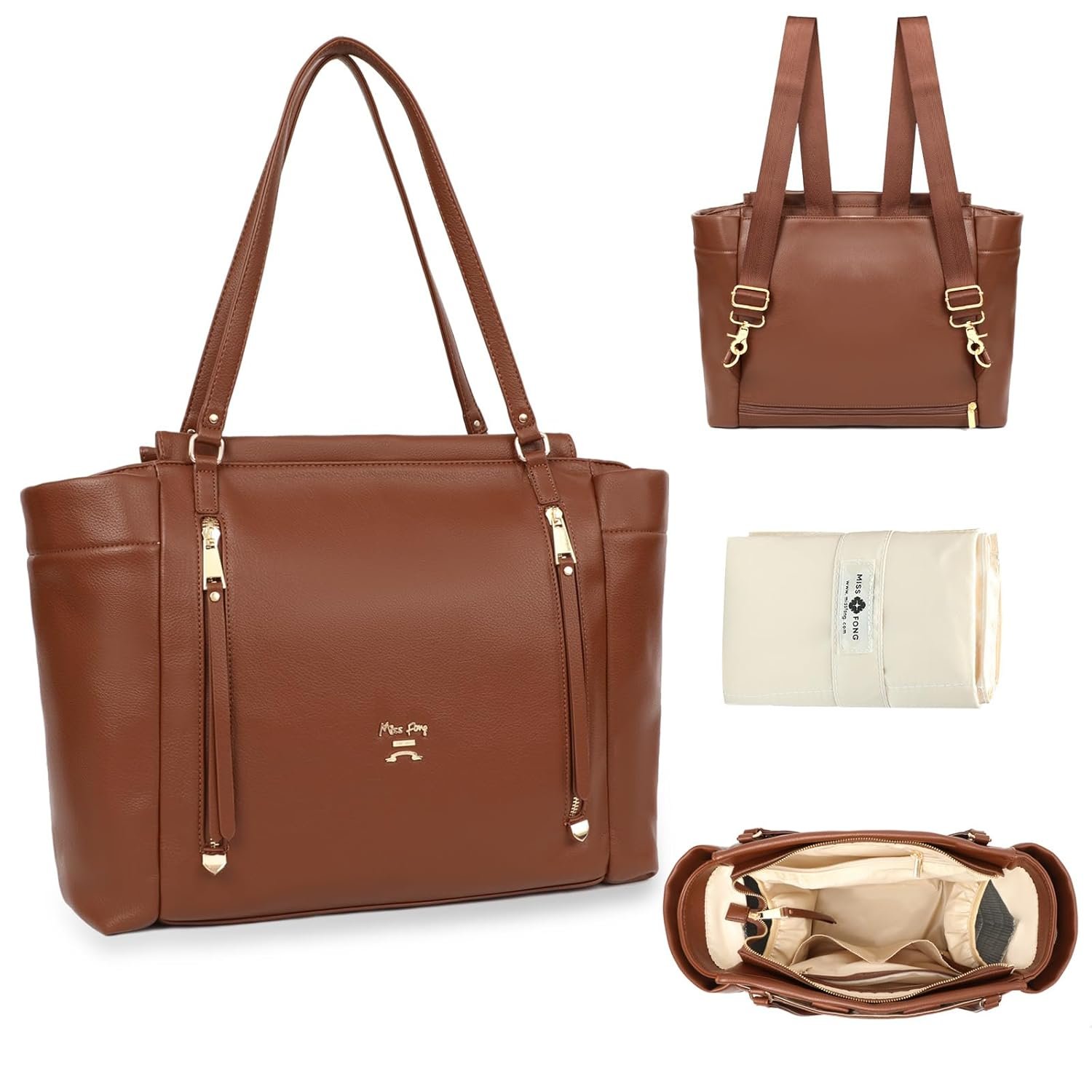 miss fong Diaper Bag Tote Leather Diaper Bag Backpack, Large Capacity Mommy Bag Hospital Bag, 12 Pockets Travel Diaper Tote with Changing Pad Pañaleras Para Bebe for Mom & Dad-Brown | Large Capacity