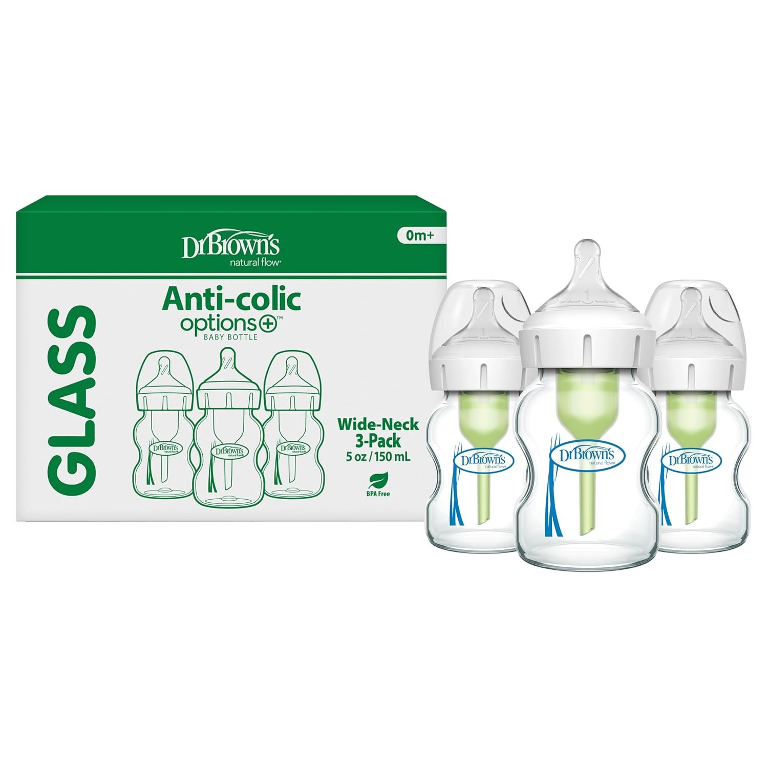 Dr. Brown’s Natural Flow Anti-Colic Options+ Wide-Neck Glass Baby Bottles 5 oz/150 mL, with Level 1 Slow Flow Nipple, 3 Pack, 0m+