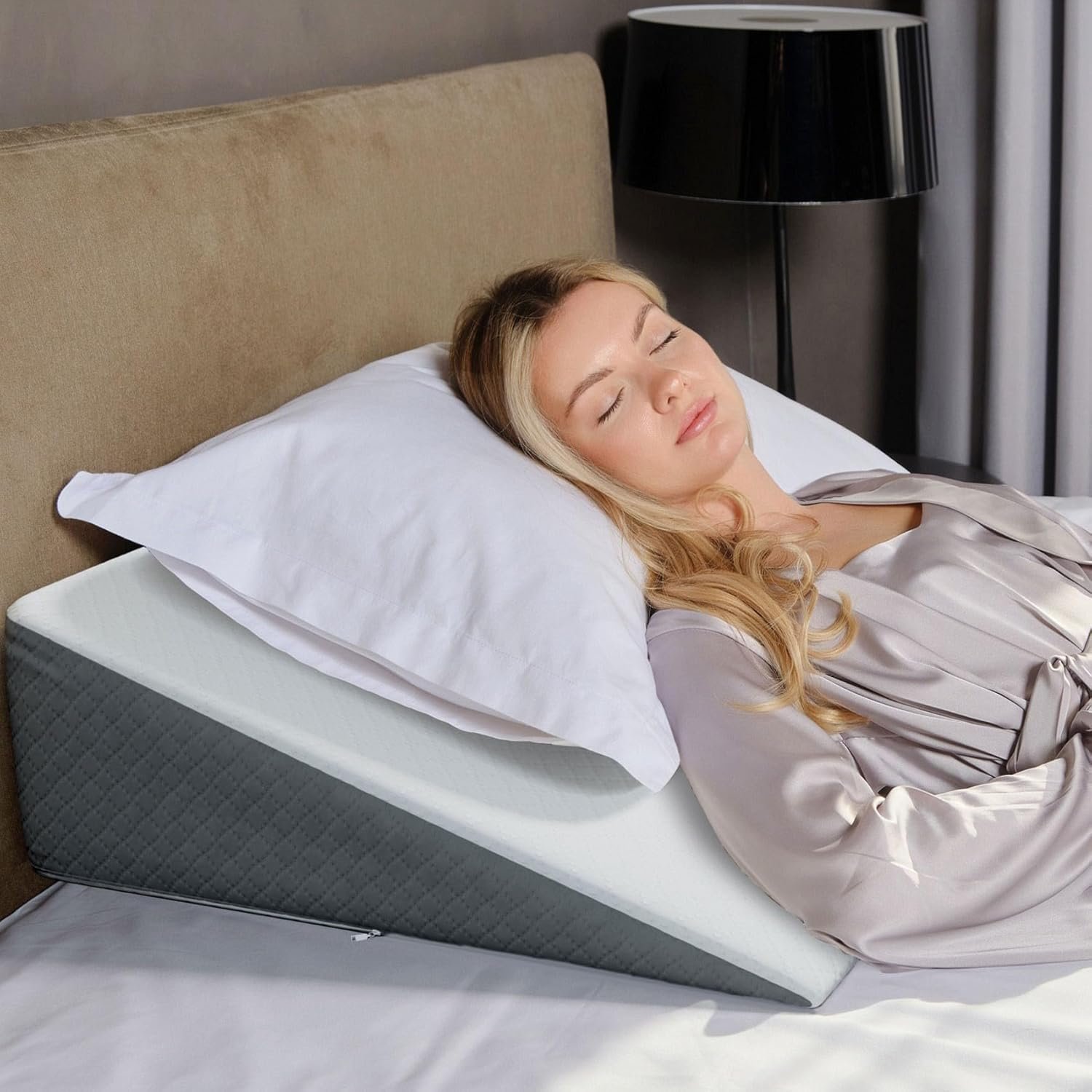 Kolbs Bed Wedge Pillow for Sleep Apnea, FSA Eligible Acid Reflux, and Back Pain Relief, with Chic Jacquard Cover – Headboard Wedges for Sleeping (Standard Width 7.5″ Height)