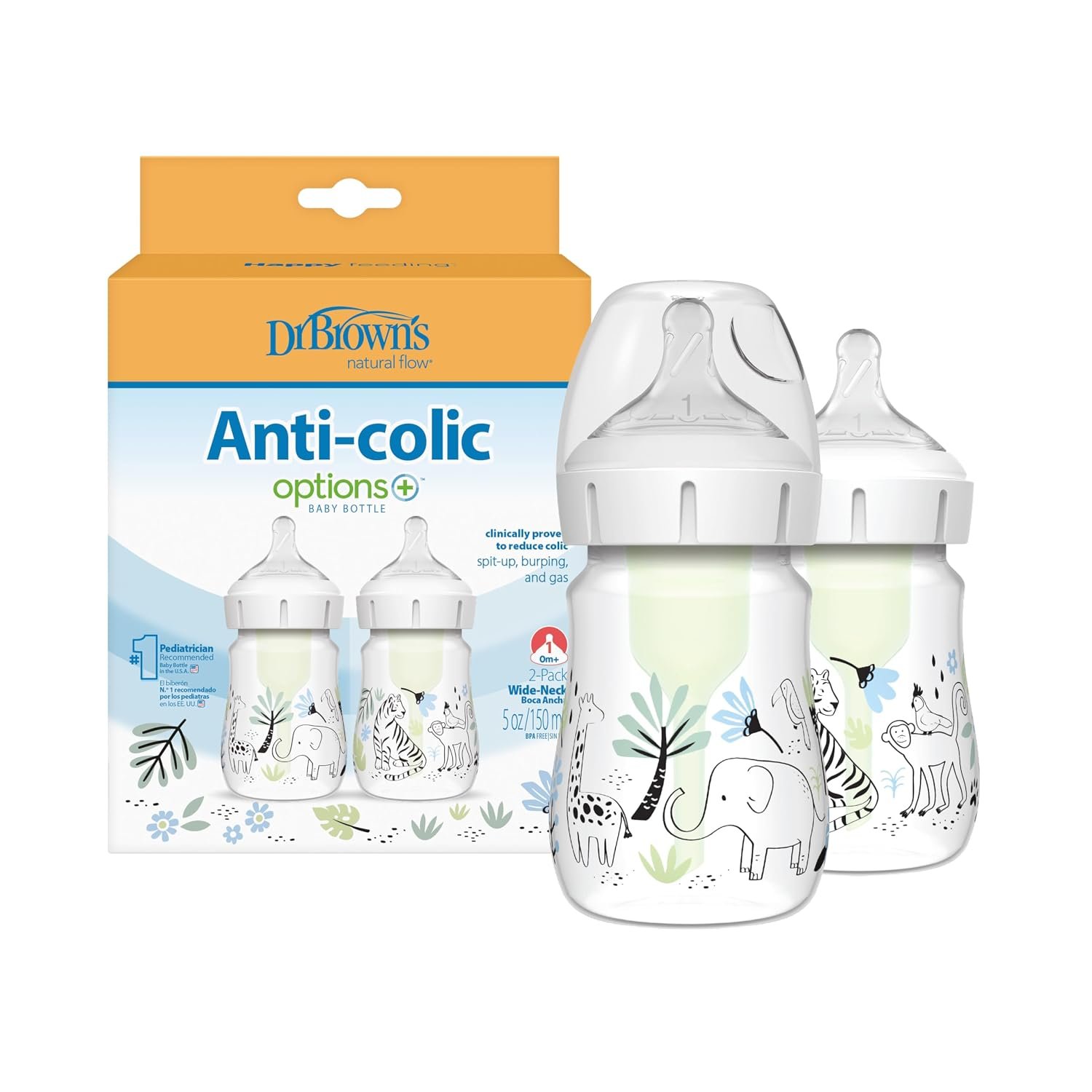 Dr. Brown’s Anti-Colic Options+ Wide-Neck Baby Bottle Designer Edition Bottles, Jungle Decos, 5 oz/150 mL, Level 1 Nipple, 0m+, 2-Pack
