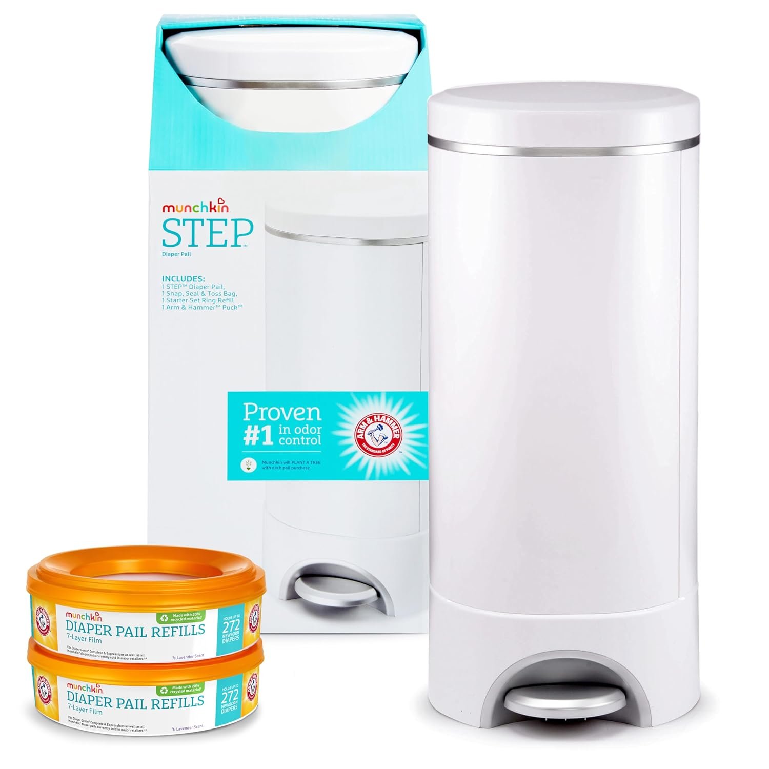 Munchkin® Step Diaper Pail Bundle – Includes Diaper Pail, Refill Rings, Bags and Baking Soda Puck