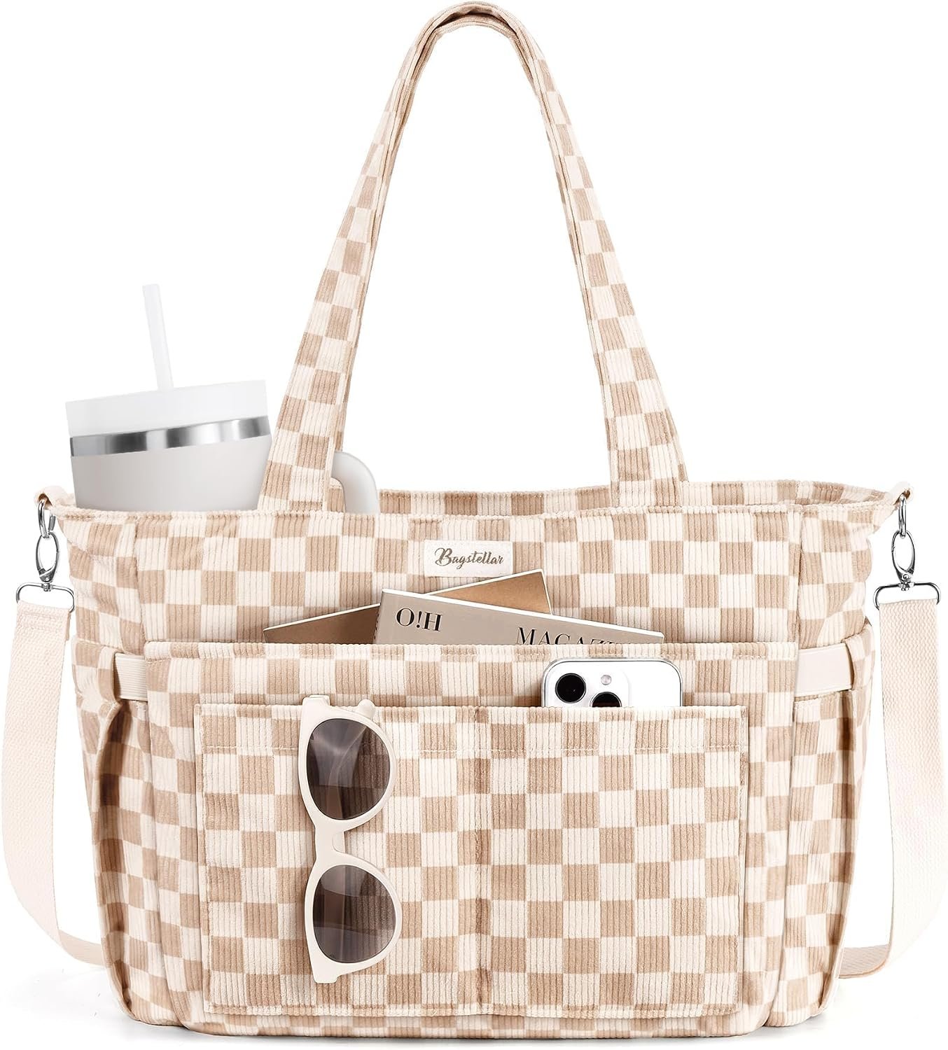Bagstellar Corduroy Tote Bag for Women, 17 Pockets Laptop Work Tote Bag Lightweight Teacher Nurse Bible Bag for School Travel | with 40oz Cup Holder