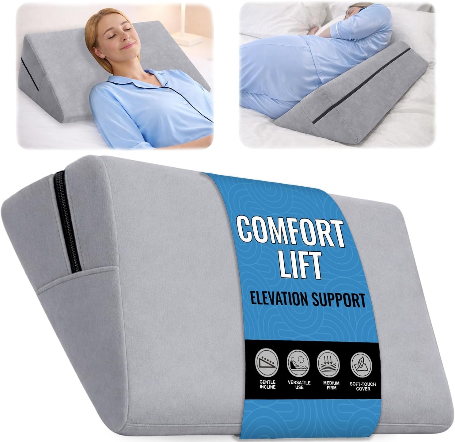sokoro Bed Wedge Pillow for Sleeping, Small 7 Inch Compact Triangle Wedge Pillow for Acid Reflux, Sleep Apnea & Snoring Relief, Firm Incline for Back Support, Washable Cover (Grey, 24x14x7 in)