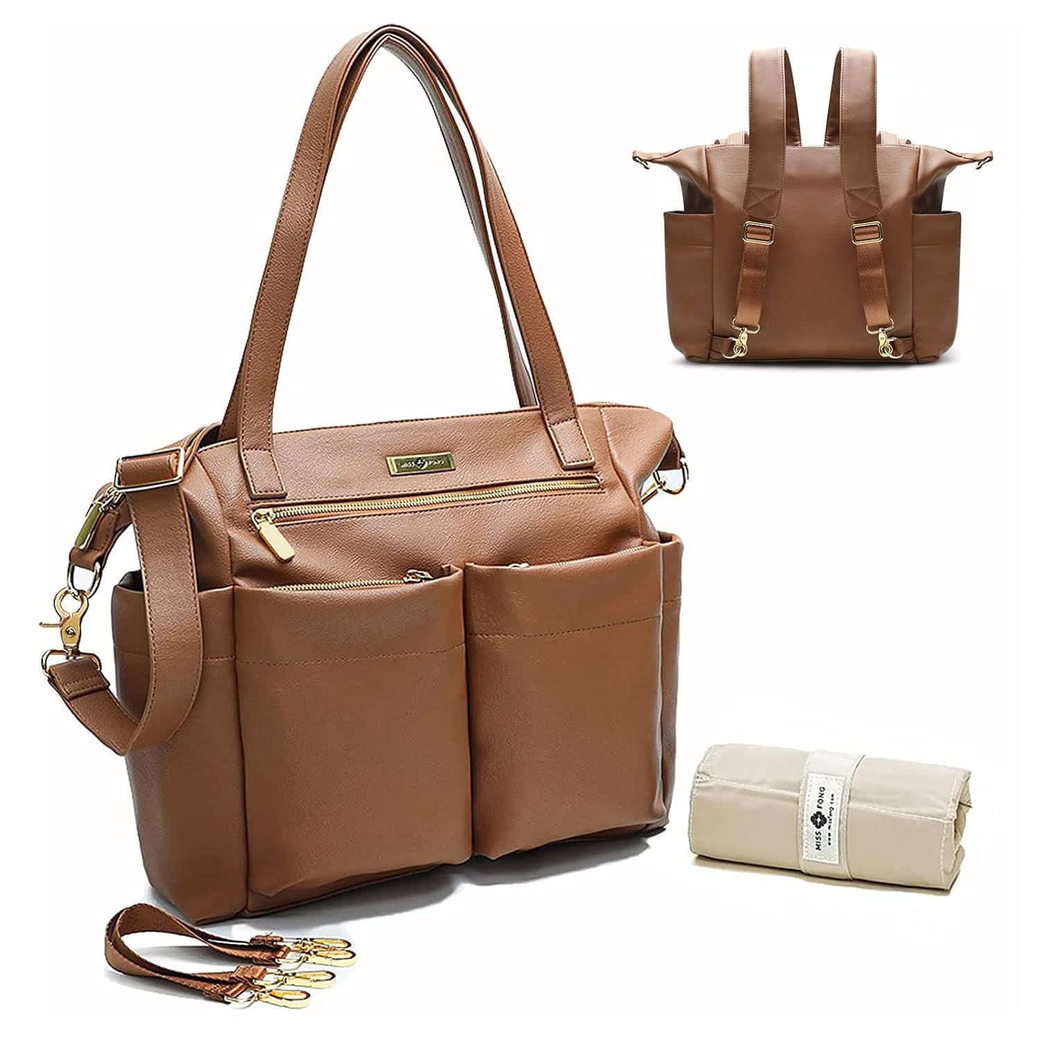 miss fong Diaper Bag Tote Leather Diaper Bag Backpack Pañaleras Para Bebe with 15 Pockets,Leather Diaper Tote with Diaper Changing Pad, Baby Bag for Moms Mommy Bag for Women