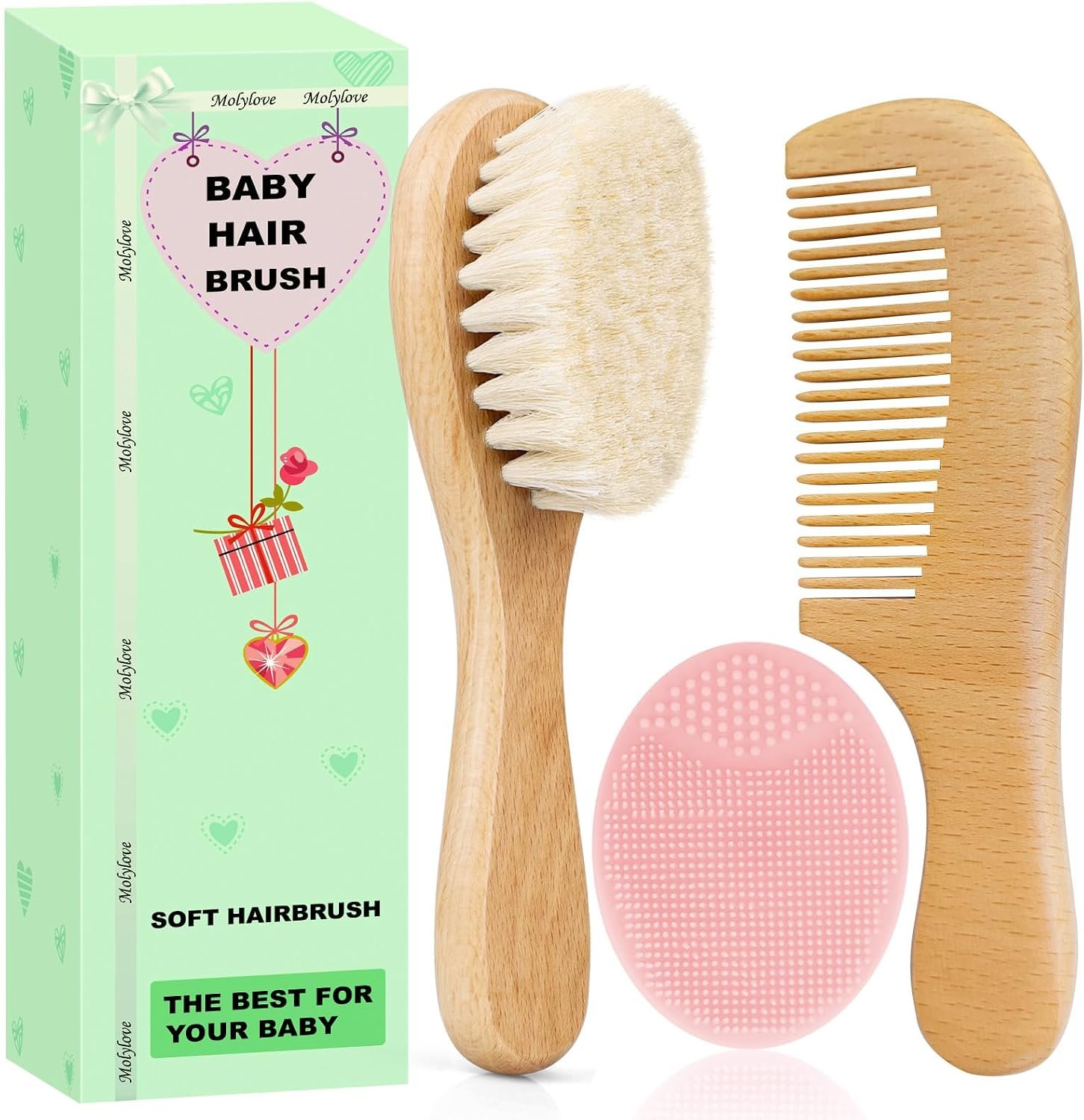 3PCS Baby Hair Brush with Wooden Handle and Comb Set for Newborns & Toddlers | Natural Soft Goat Bristles l Wood Comb l Pink Silicone Brush| Ideal for Cradle Cap