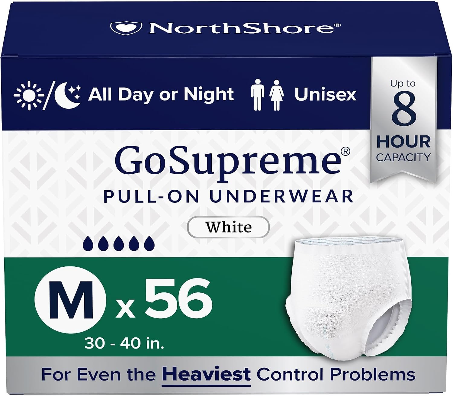 NorthShore GoSupreme Overnight Pull-On Underwear, 8-Hour Leak Protection, Medium, 56-Count Case, White, (30-40 in Waist), Unisex Adult Diapers