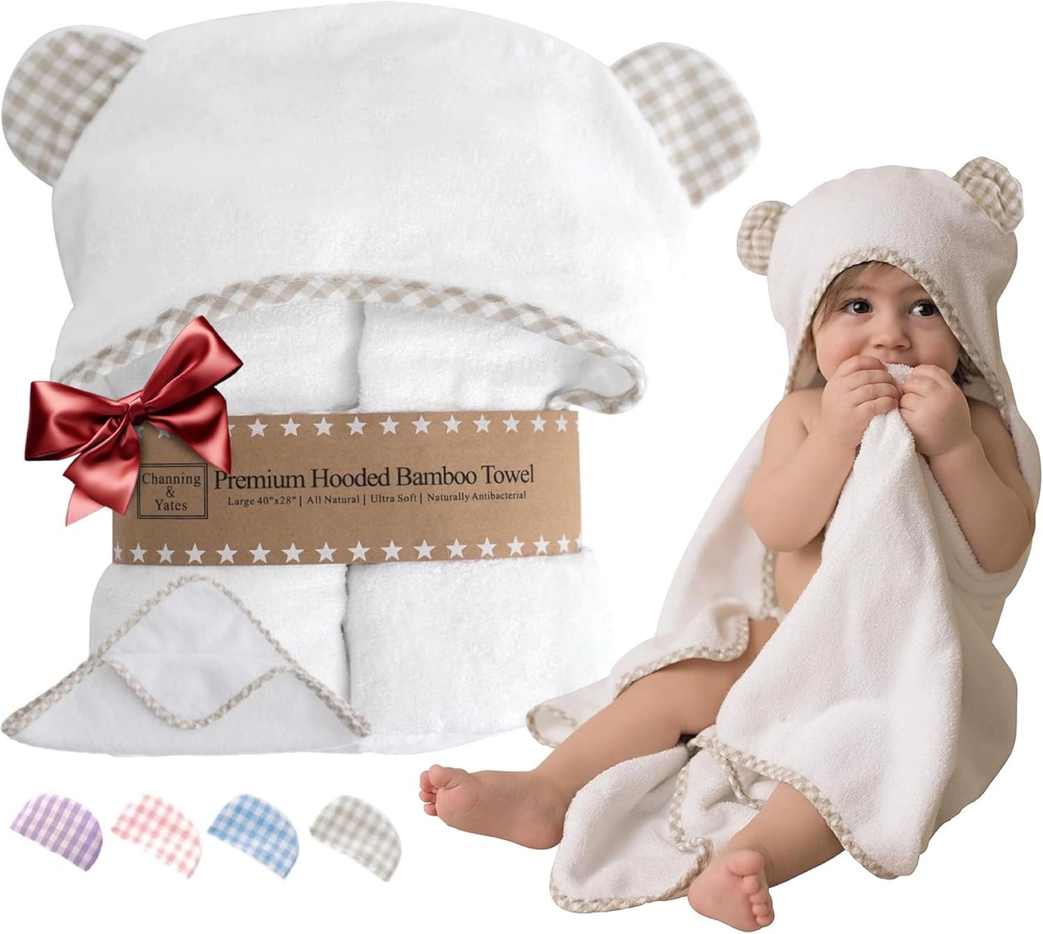 Channing & Yates Premium Organic Baby Towel Set – Soft Viscose Bamboo Hooded Towel & Washcloth – Girl & Boy Bath Essentials (Beige/White)