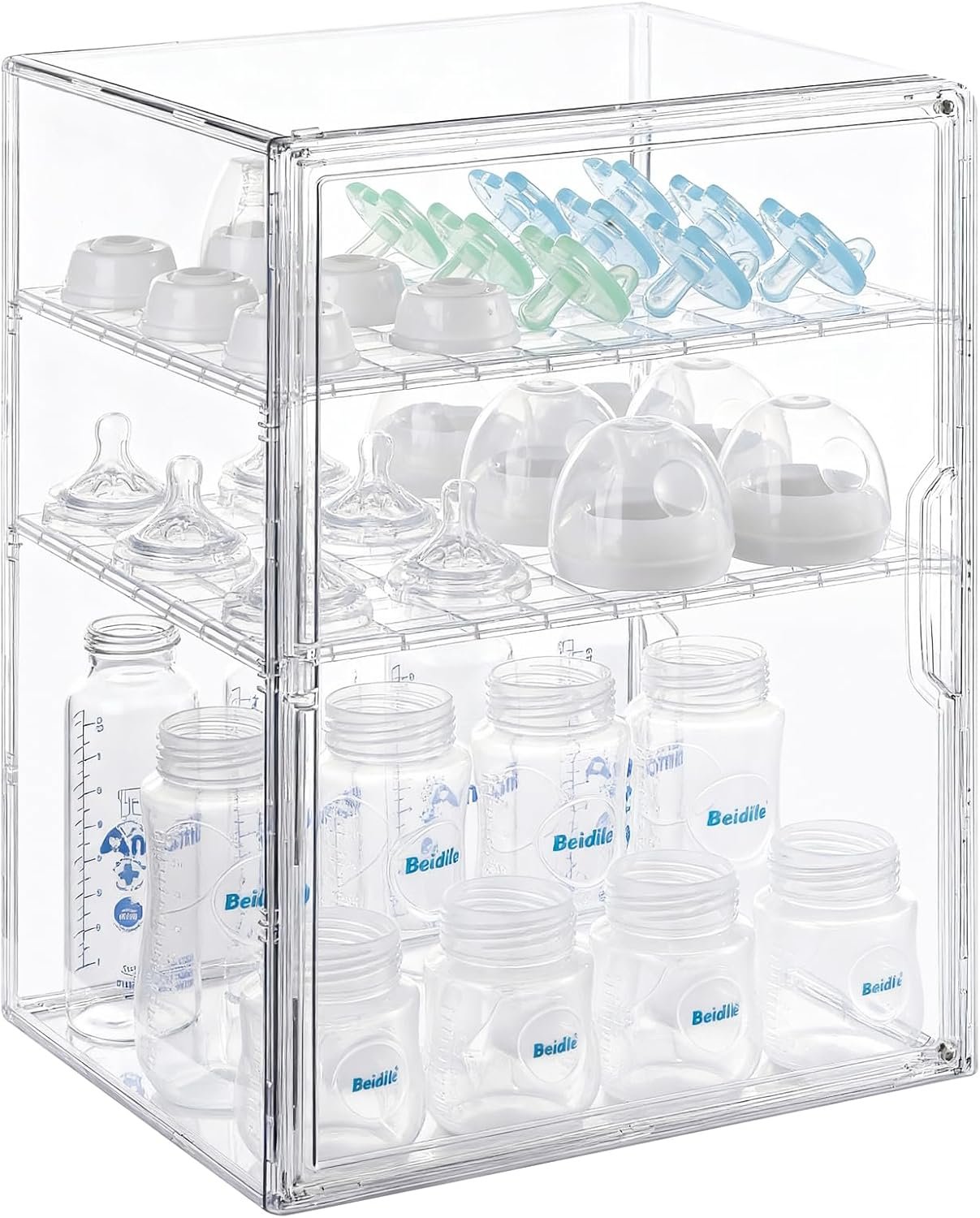 ERTIUANIO Baby Bottle Organizer – 3 Tier Bottle Storage Organizer Baby for Nipples, Pump Parts, Food Jars – Clear Acrylic Bottle Station Organizer for Countertop and Kitchen, Gifts for New Mom