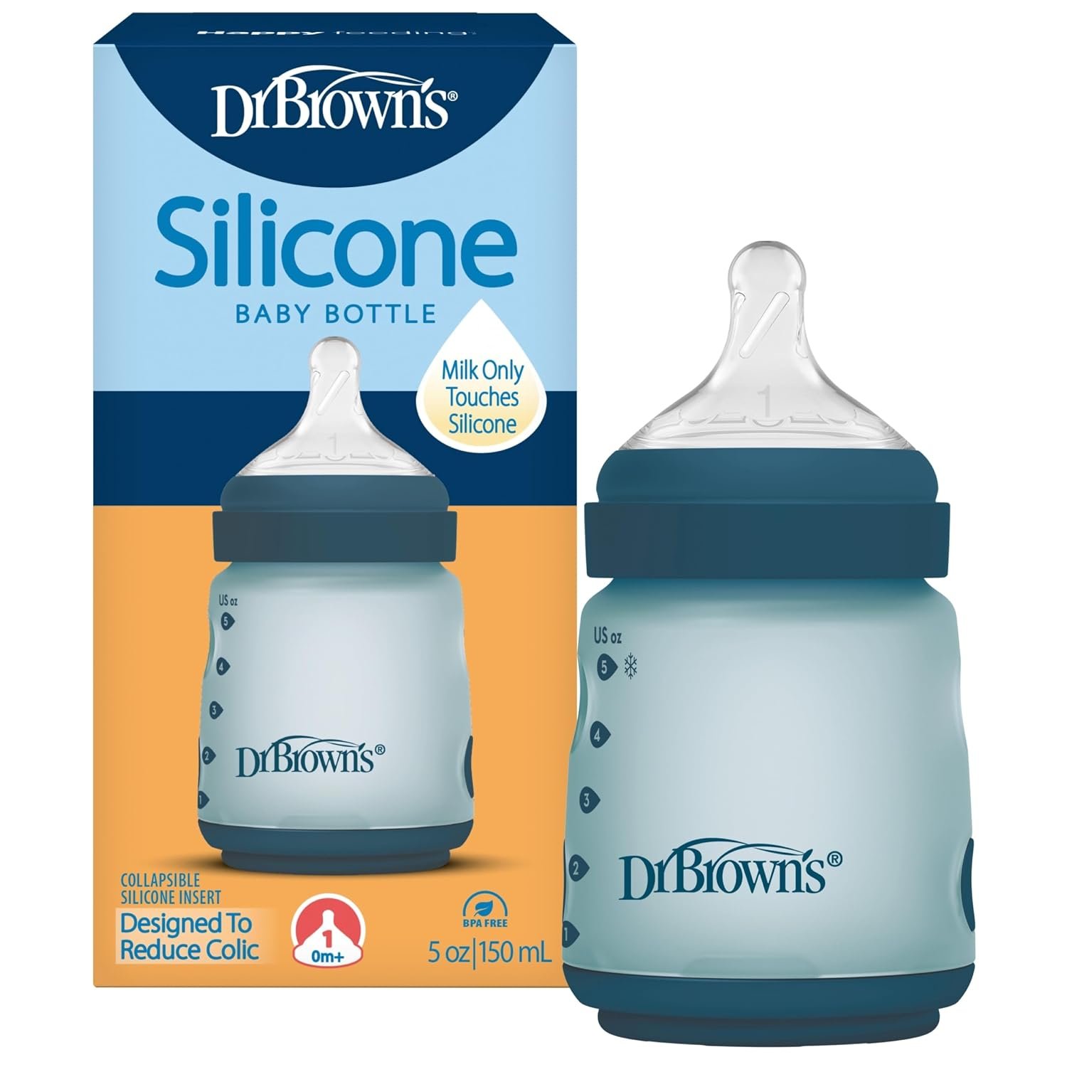 Dr. Brown’s Silicone Baby Bottle with Collapsible Insert Designed to Reduce Colic, 5 oz with Wide-Neck Level 1 Slow Flow Nipple, BPA-Free, 0m+, Blue, 1-Pack