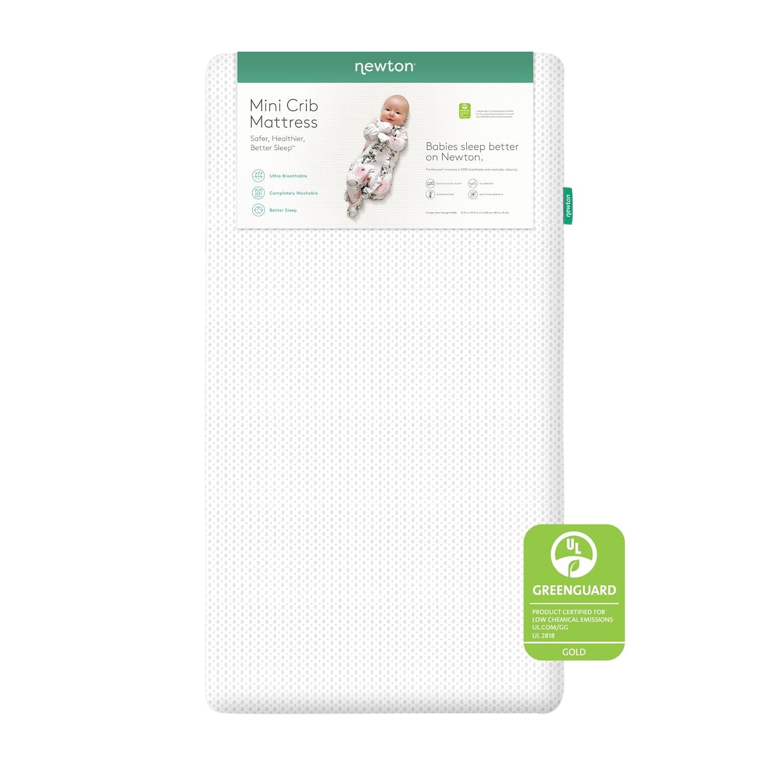 Newton Baby Mini Crib Mattress 24″ x 38″ – Ultra-Breathable Proven to Reduce Suffocation Risk, 100% Washable – Removable Cover Included, GREENGUARD Gold