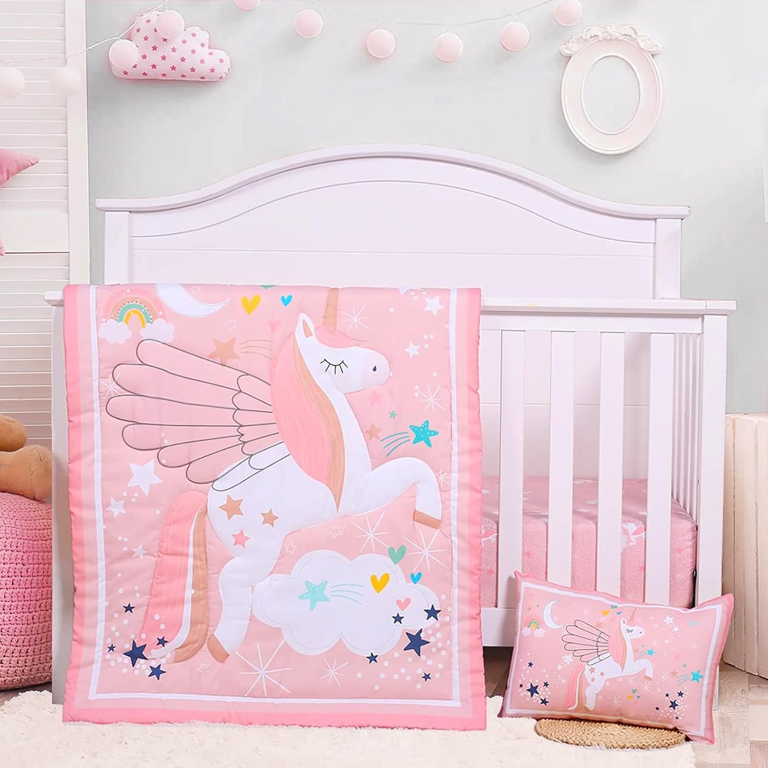UOMNY Crib Bedding Set for Girls – Pink Baby Nursery Sets 3 Pieces Quilt Comforter Fitted Sheet Toddler Pillowcase Soft Star