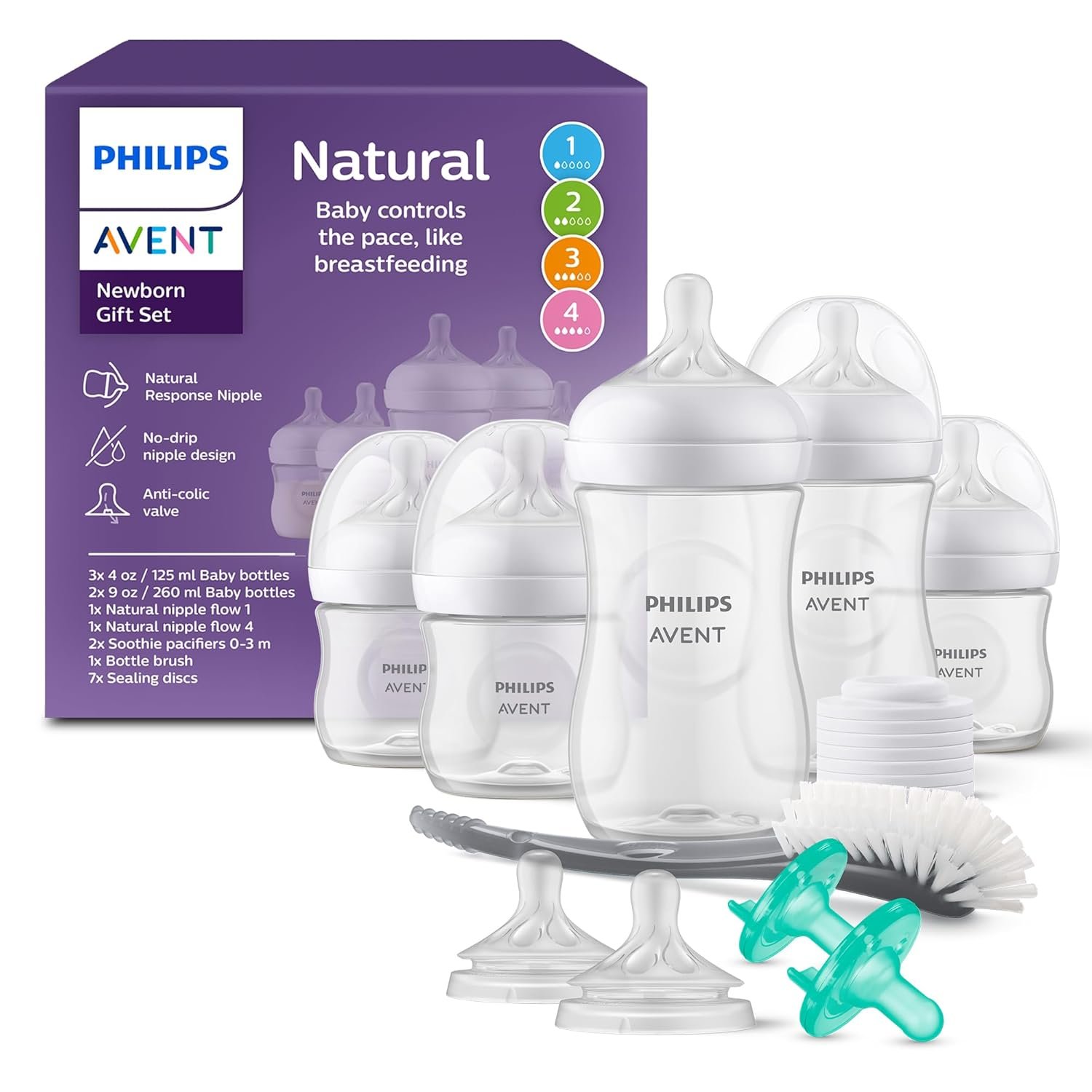 Philips Avent Natural Response Baby Gift Set – 3X 4oz Bottles with Slow Flow Nipple (Level 2), 2X 9oz Bottles with Medium Flow Nipple (Level 3), 2 Extra Nipples, 2X Soothie Pacifiers 0-3m, SCD838/02