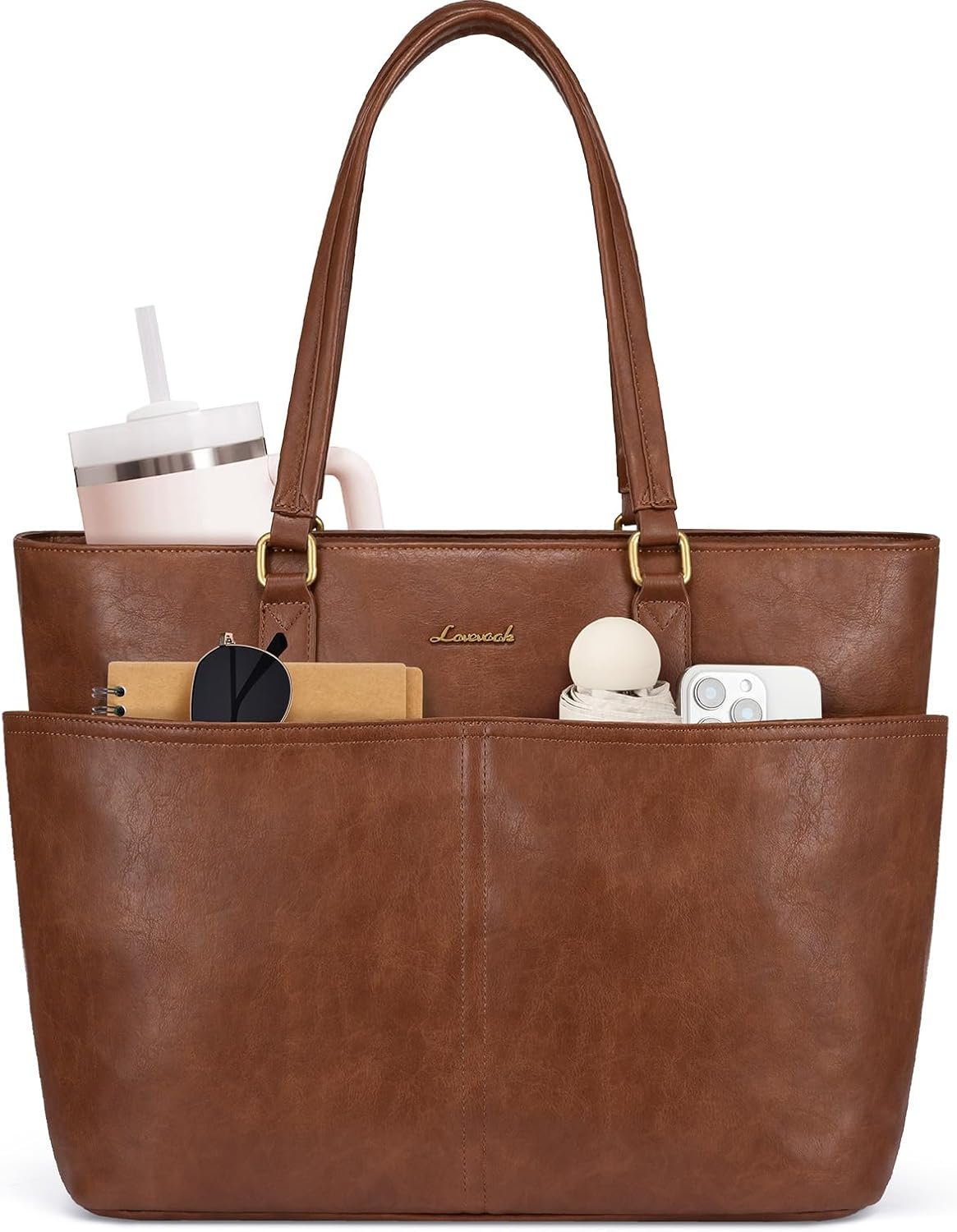 LOVEVOOK Work Tote Bags for Women, Vintage Leather 15.6 Inch Laptop Bag with Large Cup Holder, Teacher Nurse Medical Professional Computer Bag, Office Briefcase Handbag Gift