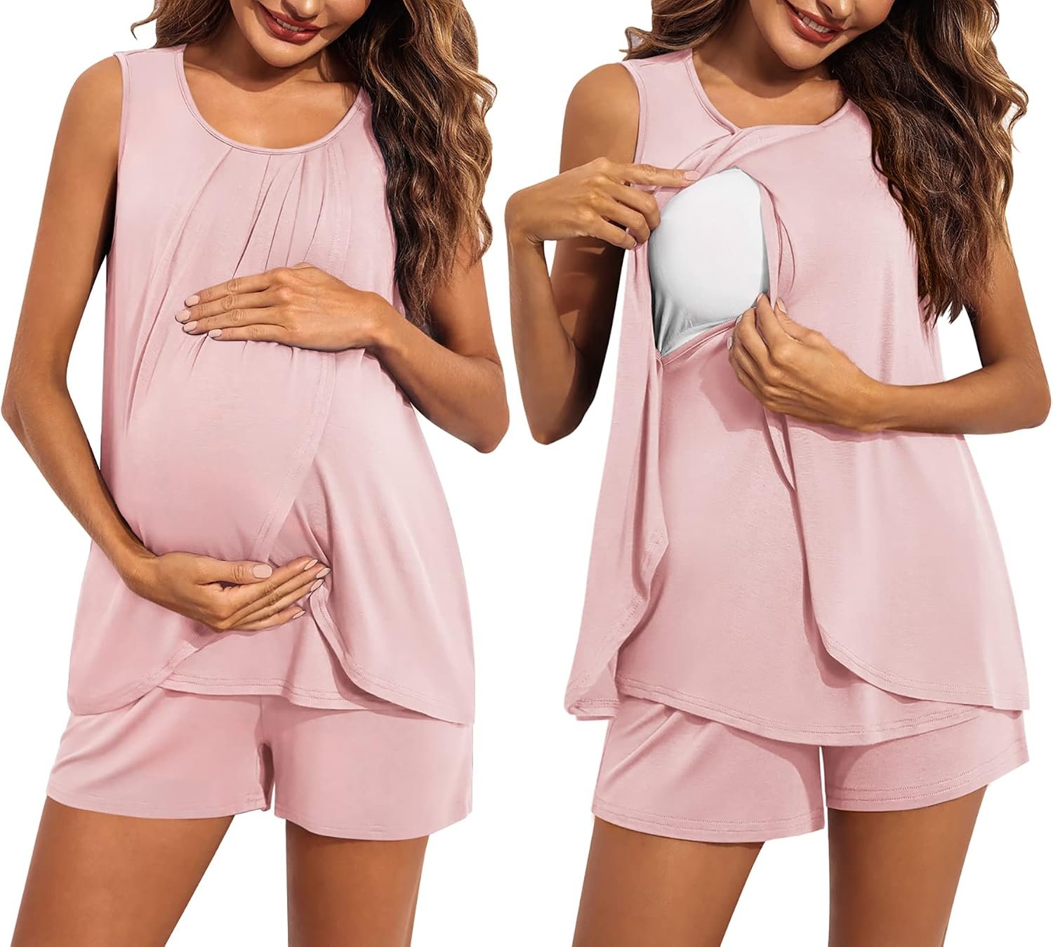 Ekouaer Women Maternity Nursing Pajama Set Breastfeeding Sleepwear Double Layer Sleeveless Top & Shorts Pregnancy PJS