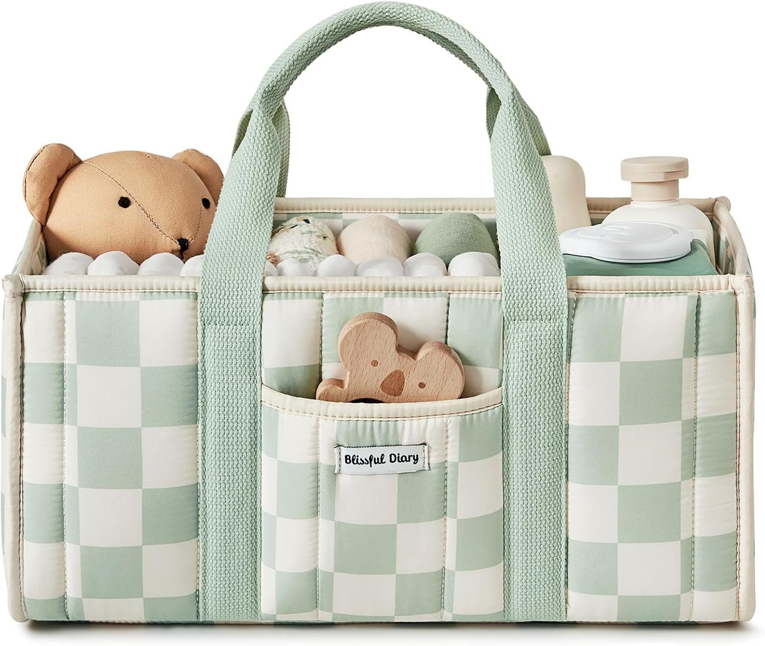Blissful Diary Checkered Diaper Caddy Organizer, Stylish Nursery Storage Basket, Gift for Baby Shower, Newborn Essentials, Registry Search Must Haves, Sage Green