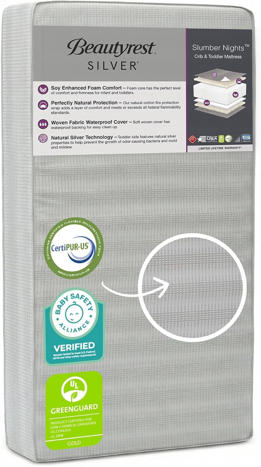 Beautyrest Silver Slumber Nights Dual Sided 2-Stage Crib Mattress and Toddler Mattress – GREENGUARD Gold – Waterproof – Plant Based Soy Foam Core, Grey