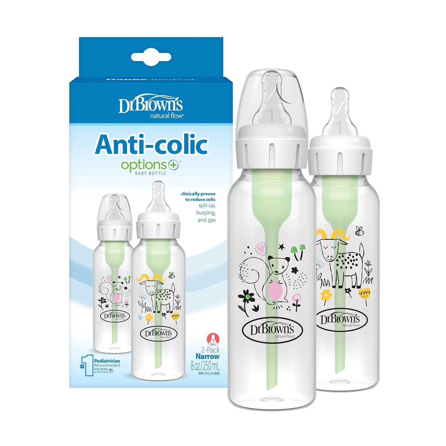 Dr. Brown’s Natural Flow Anti-Colic Options+ Narrow Baby Bottle, Goat and Squirrel, 8 oz/250 mL, with Level 1 Slow Flow Nipple, BPA Free, 0m+, 2-Pack