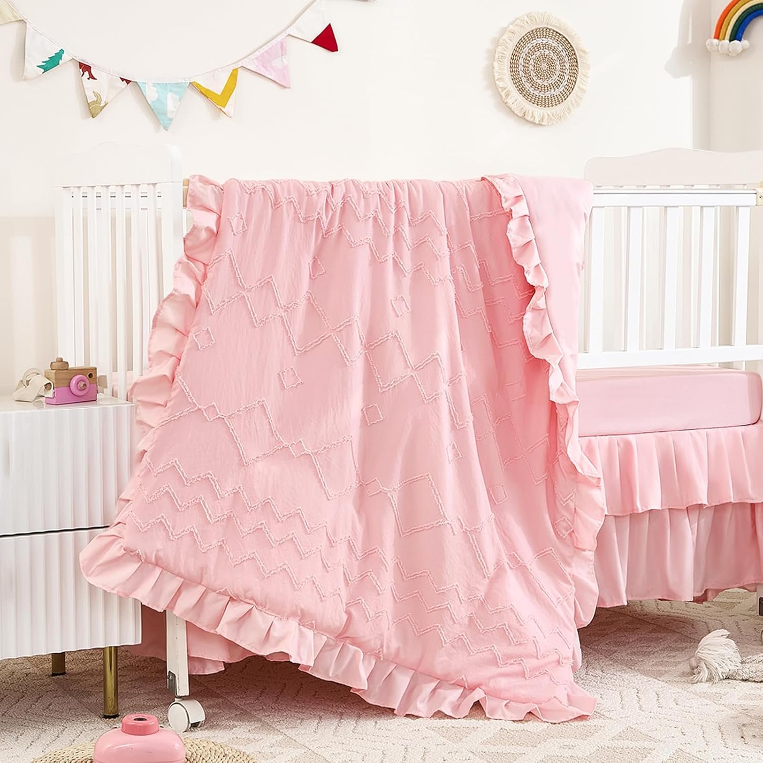3-Piece Tufted Ruffle Crib Bedding Set for Girls – Ultra Soft Baby Bedding Set Includes Boho Crib Comforter, Sheet & Skirt (Light Pink)