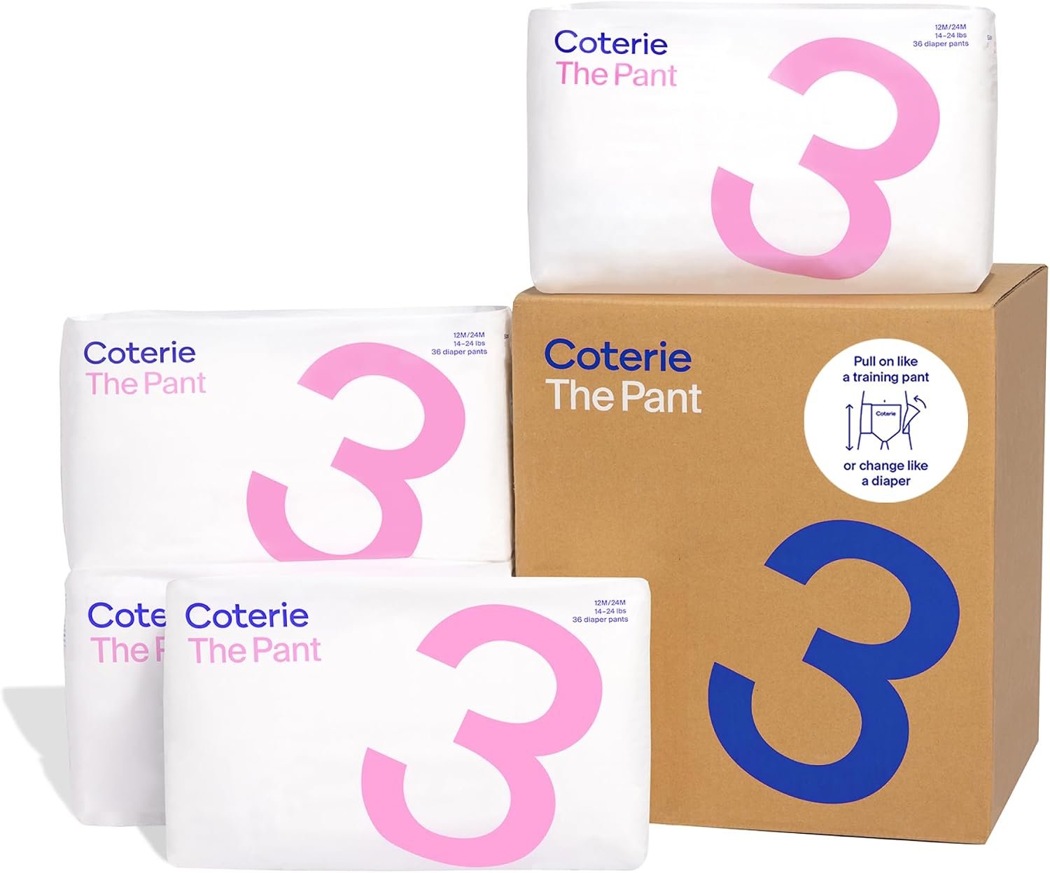 Coterie The Pant, Size 3, Refastenable Training Pants for Sensitive Skin, Hypoallergenic, Super Absorbent Overnight Leak Protection, 12/24 M (14-24 lbs) 144 Count