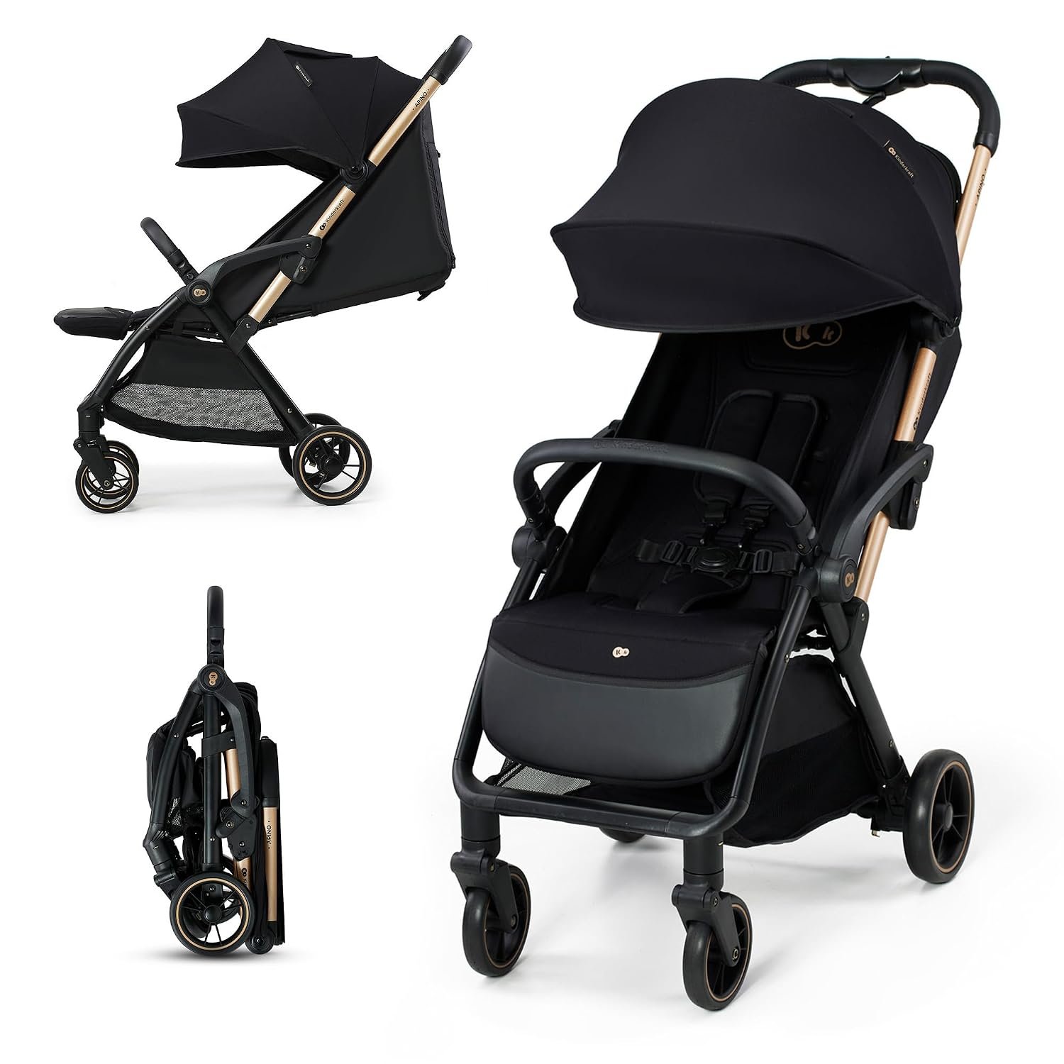 Kinderkraft APINO Lightweight Auto Folding Stroller, Compact Travel Baby Stroller for Newborn to Toddler, Reclining Seat, 5-Point Harness, Black