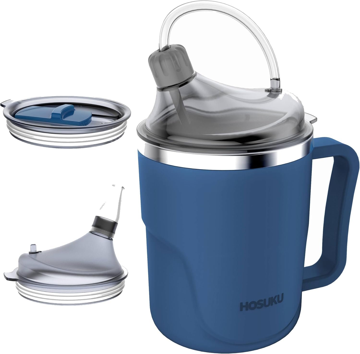 Spill-Proof Drinking Cup for Elderly, 13.5oz Stainless Steel Adult Straw Cup for Seniors and Adults, Leak-Resistant Daily Living Aid with Flexible Straw (Blue)