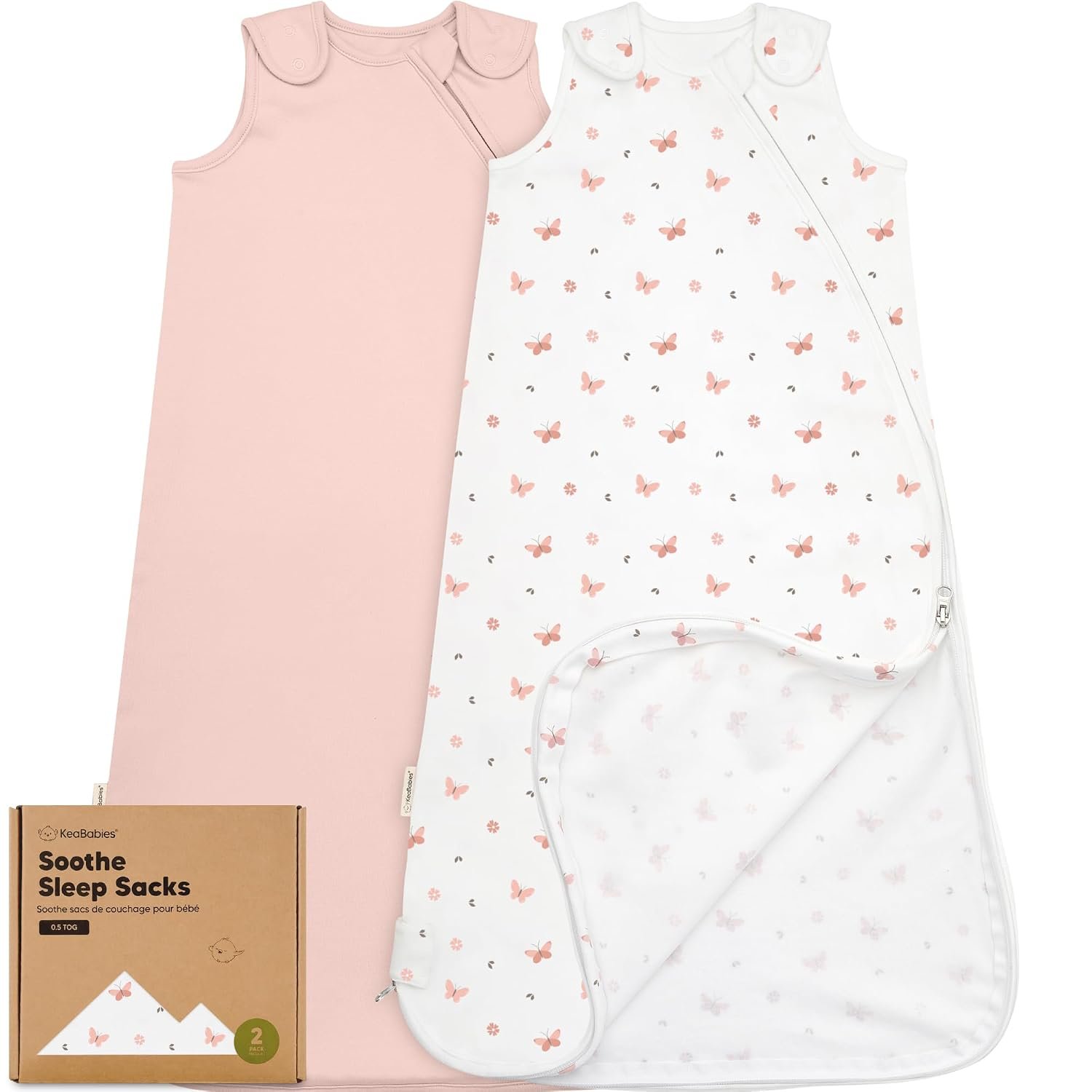 2-Pack Organic Baby Sleep Sacks, 100% Cotton – Soft & Breathable 0.5TOG Baby Wearable Blanket, Toddler Sleeping Sack 6-18 Months, Easy to Wear Swaddles for Newborns, Infants (Butterflies, M)