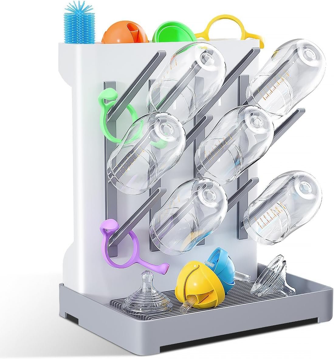 Baby Bottle Drying Rack: Vertical Space Saving Large Bottles Holder – Standing Boon Dryer Rack Baby Accessory – Countertop Holds Up to 12 Bottles & Pump Part Cleaning & Cup (Blue) (Gray)