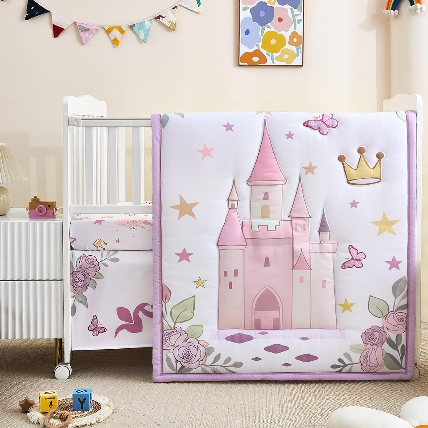 3-Piece Crib Bedding Set for Girls – Ultra Soft Baby Bedding Set Includes Crib Comforter, Sheet & Skirt (Purple)