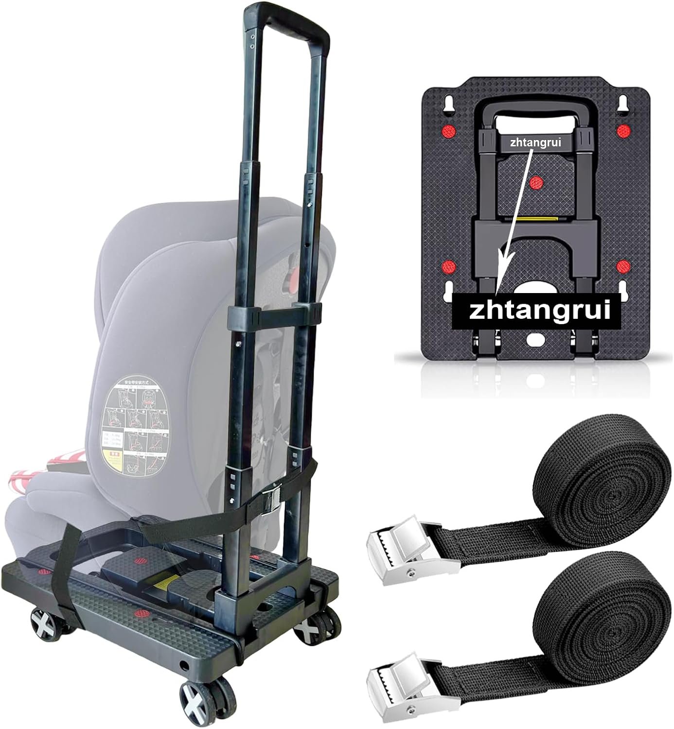 Car Seat Dolly for Airport – CarSeat Roller Cart Wheels for Airplane – Car Seat Travel Cart Carrier with Straps Foldable Luggage Trolley Folding Hand Truck (Black)