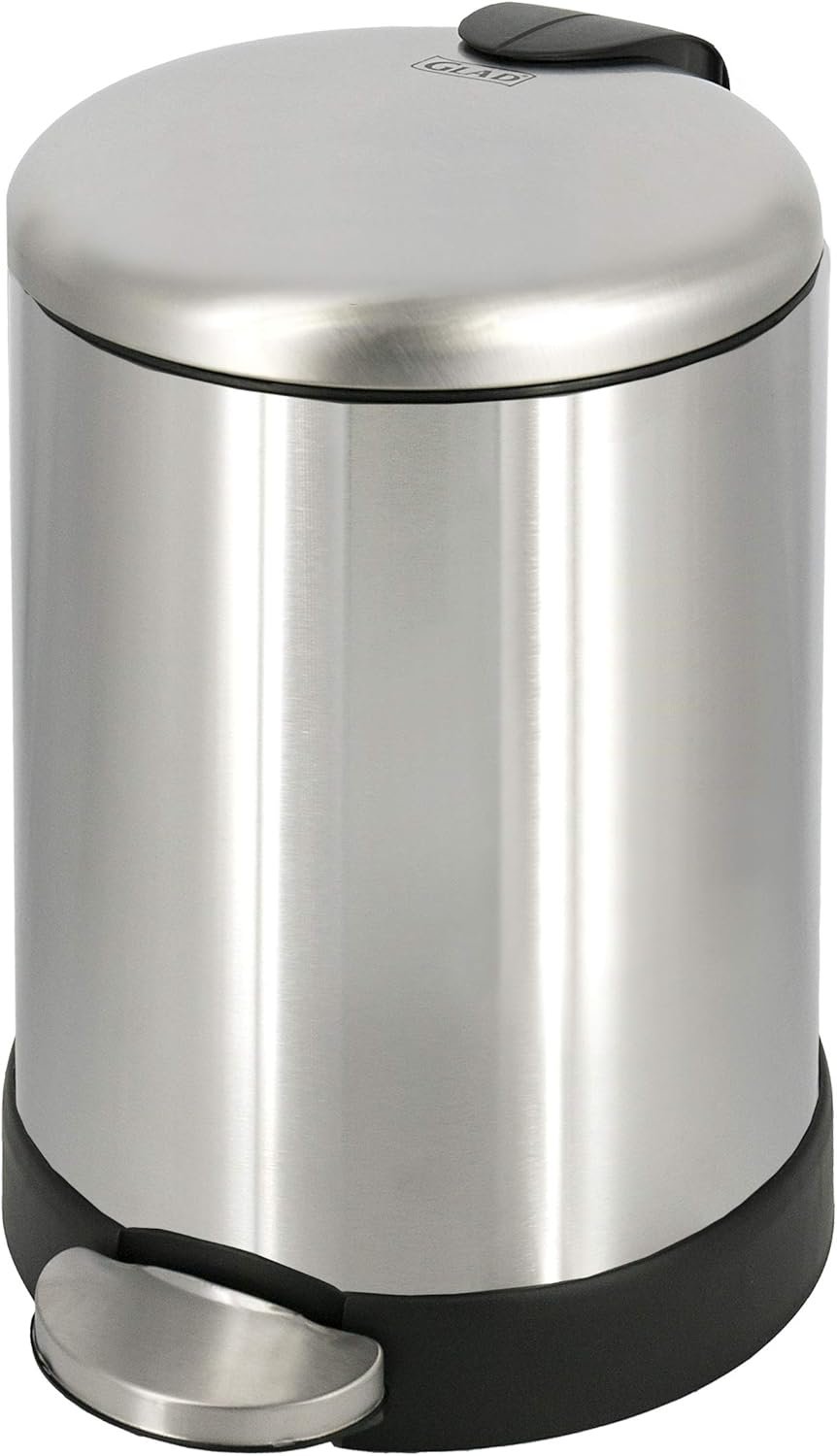 Glad Small Trash Can, 1.2 Gallon | Round Stainless Steel Garbage Bin with Soft Close Lid & Step Foot Pedal | Metal Waste Basket with Removable Inner Bucket, Stainless, 8 x 9.5 x 12 inches