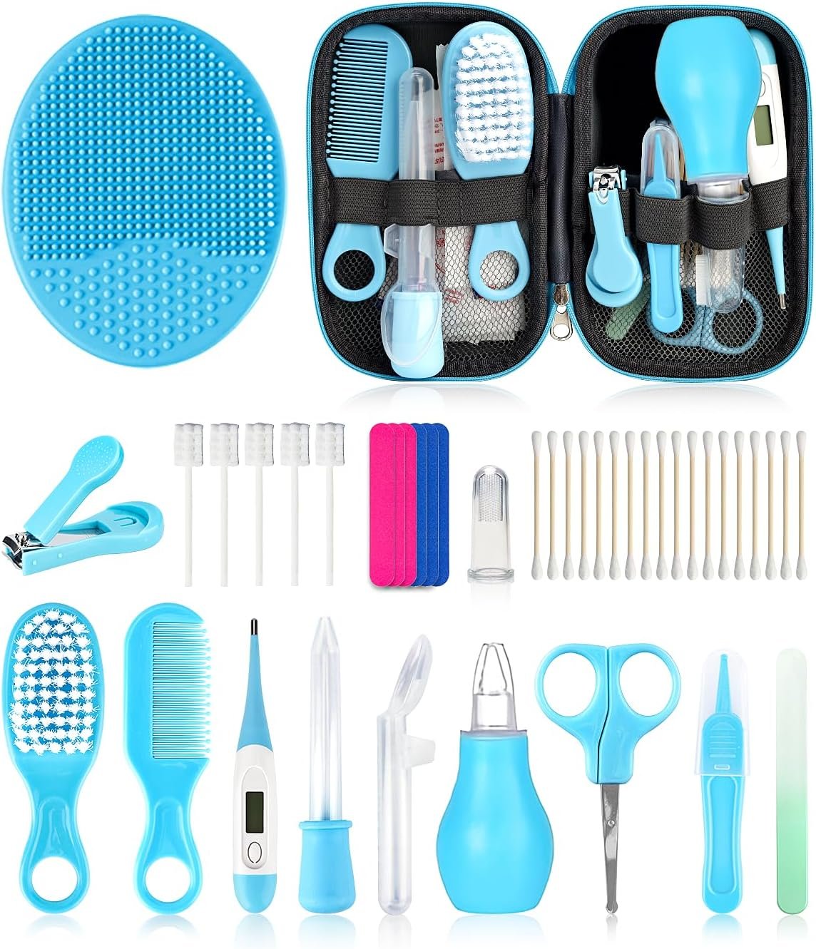 Baby Grooming and Healthcare Kit, Portable Baby Safety Care Set with Hair Brush Comb Nail Clipper Nasal Aspirator for Nursery Newborn Infant Girl Boy (25 in 1 Blue)